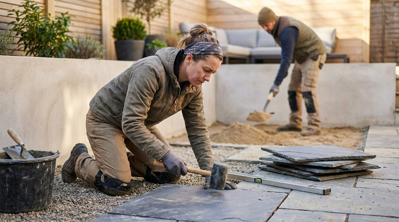 Two people installing stone pavers in a backyard garden, with one person kneeling and working with a hammer and level, and the other shoveling sand in the background.