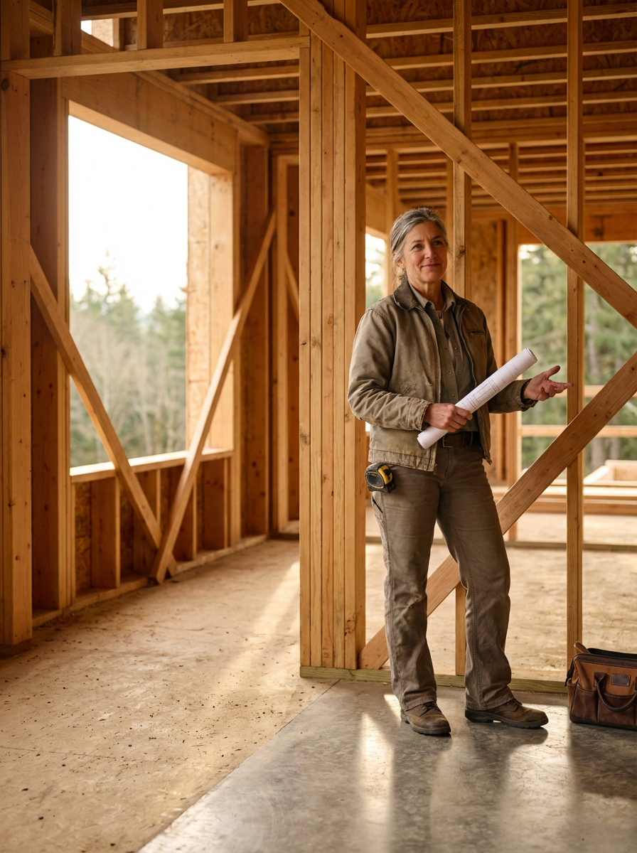 A woman standing inside a wooden house under construction, holding blueprints, with a tape measure clipped to her pocket, looking confident.
