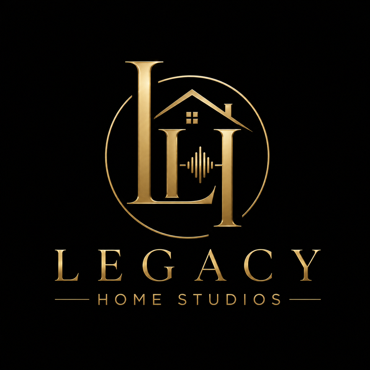 Gold logo for Legacy Home Studios featuring a house, sound waves, and initials 'L' and 'H' on a black background with the words 'Legacy Home Studios' below.