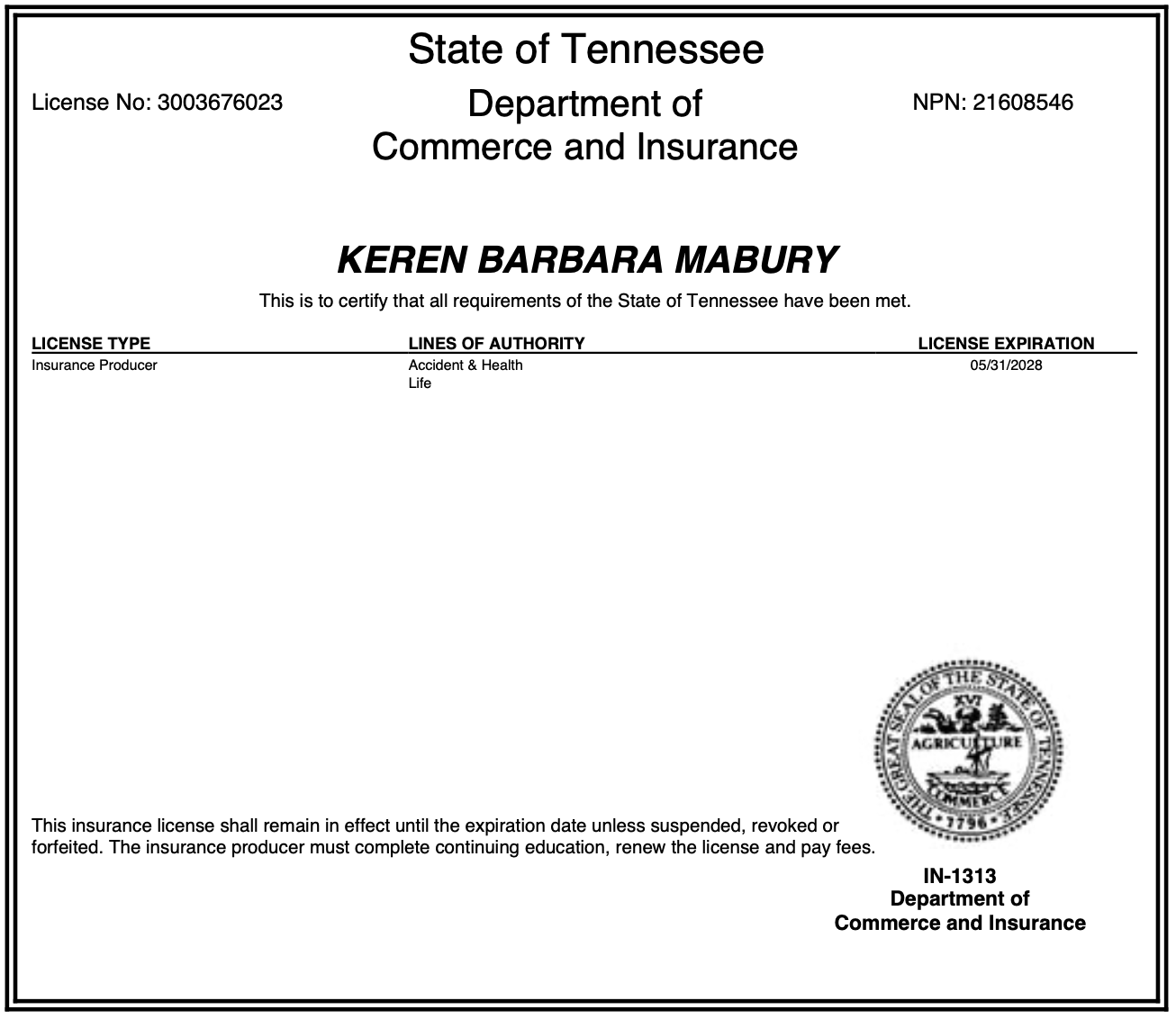 Tennessee License