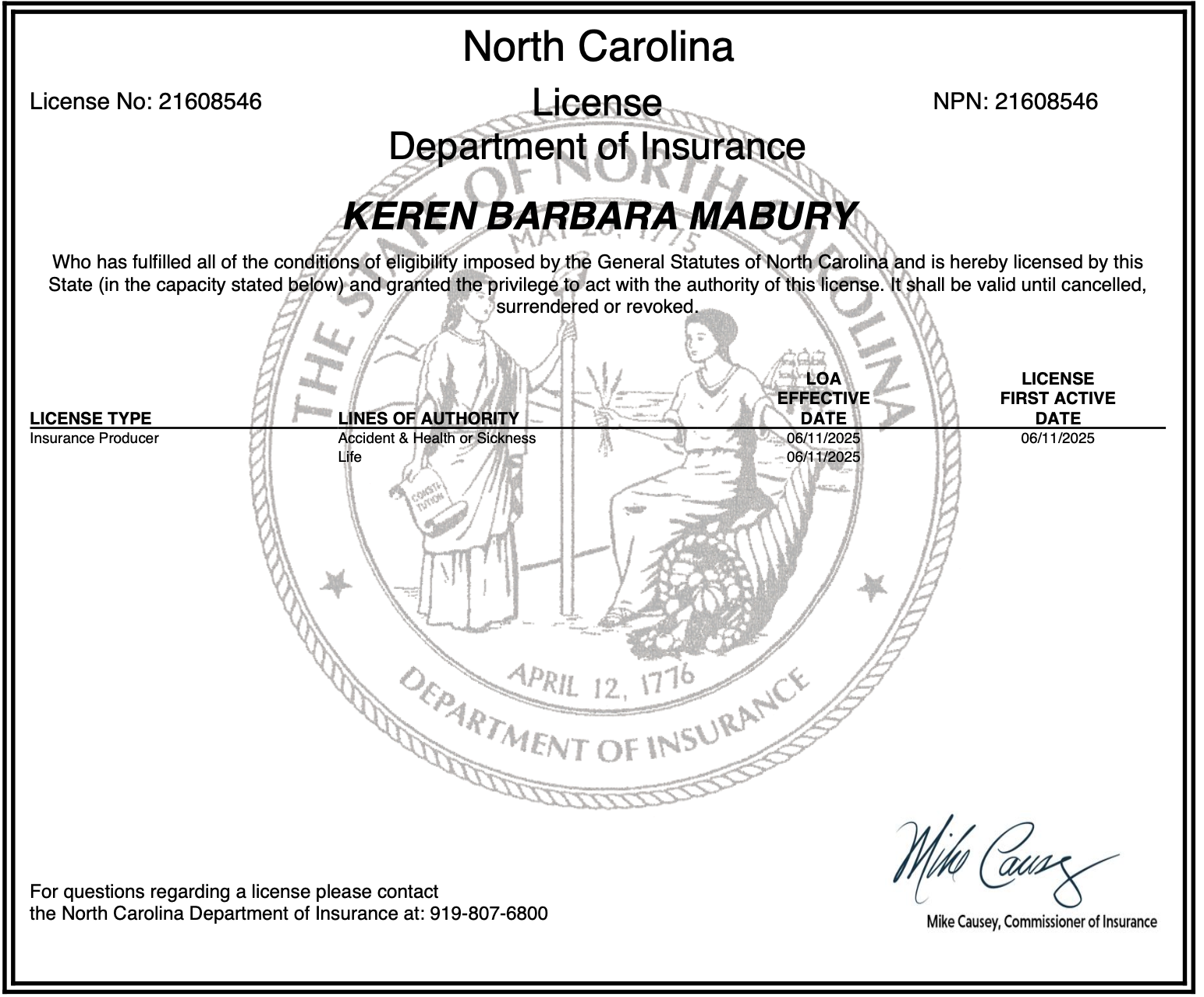 North Carolina License