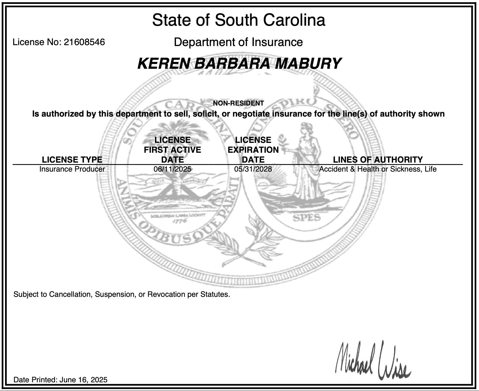 South Carolina License