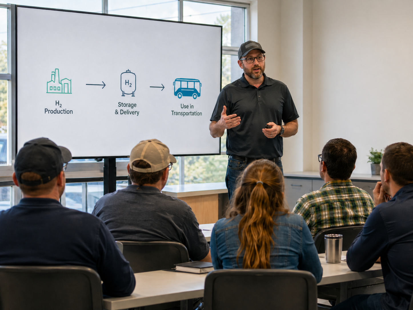 A man in a black polo shirt and gray baseball cap giving a presentation on hydrogen fuel, with a slide showing a diagram of hydrogen production, storage, and use in transportation, in a room with large windows and an audience of six people.