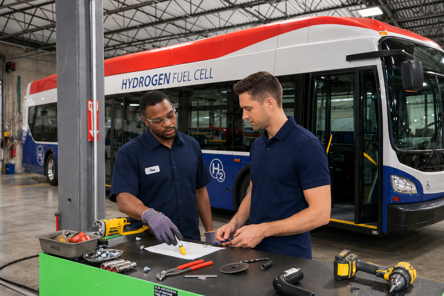 Two men working on hydrogen fuel cell bus in manufacturing shop, with tools and equipment on workbench.
