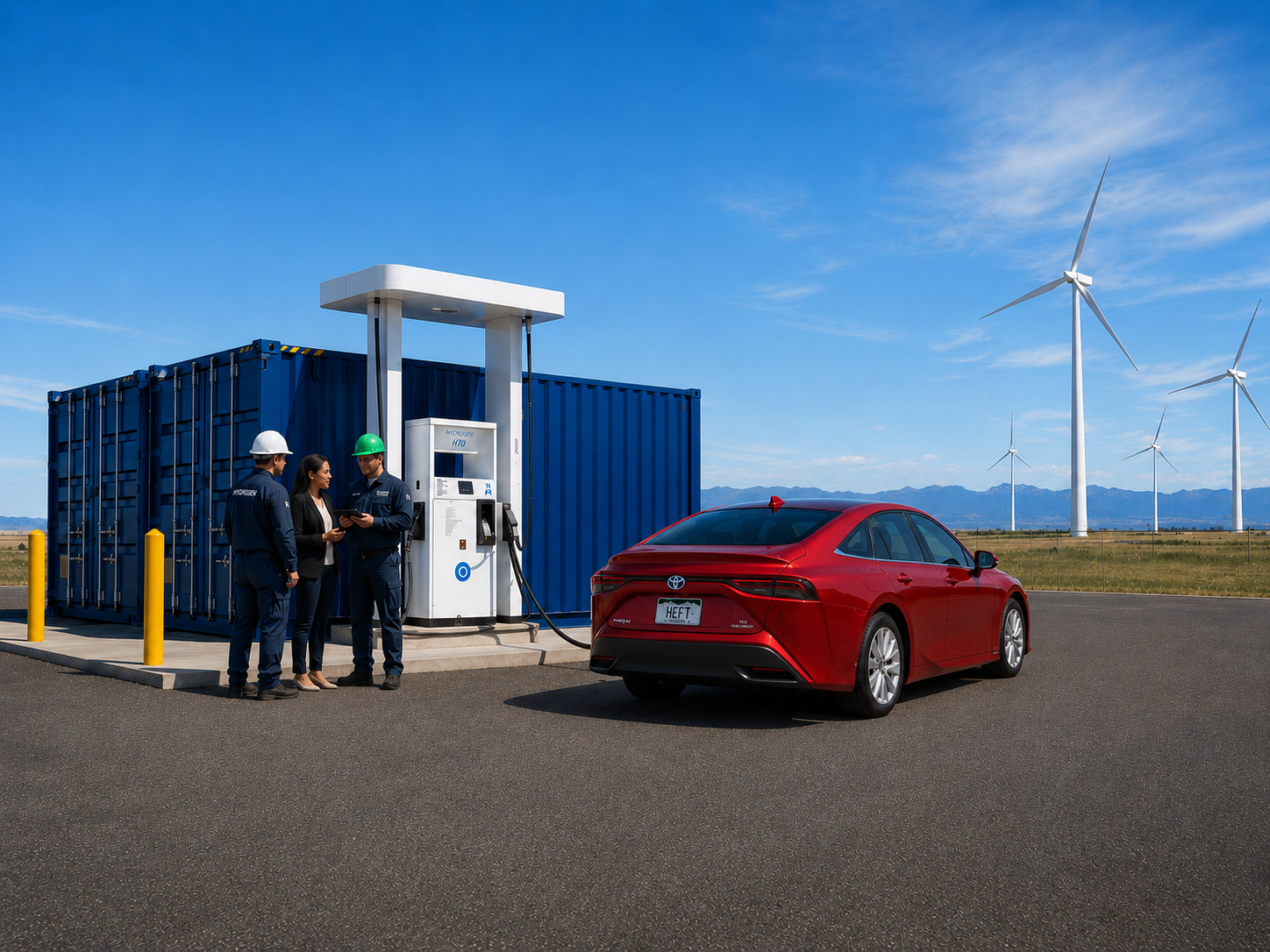 Three workers, two men and one woman, stand next to a hydrogen fueling station, refueling a red Toyota Mirai hydrogen fuel cell electric car in a flat, open landscape with wind turbines and mountains in the background.