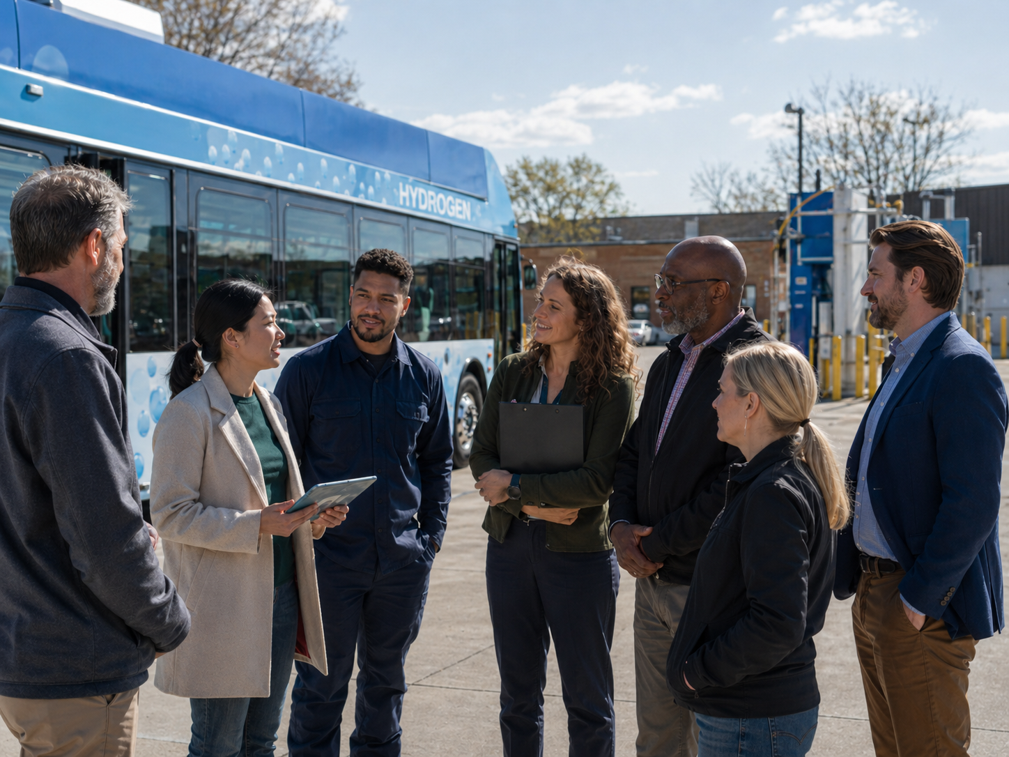Group of seven people having a discussion outdoors near a hydrogen bus, with a cloudy sky and trees in the background.