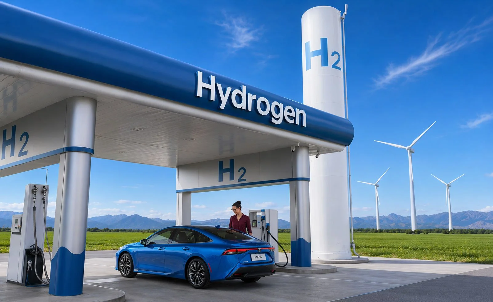 A woman refueling a blue hydrogen fuel cell electric car at a hydrogen fuel station with wind turbines in the background and a clear blue sky.