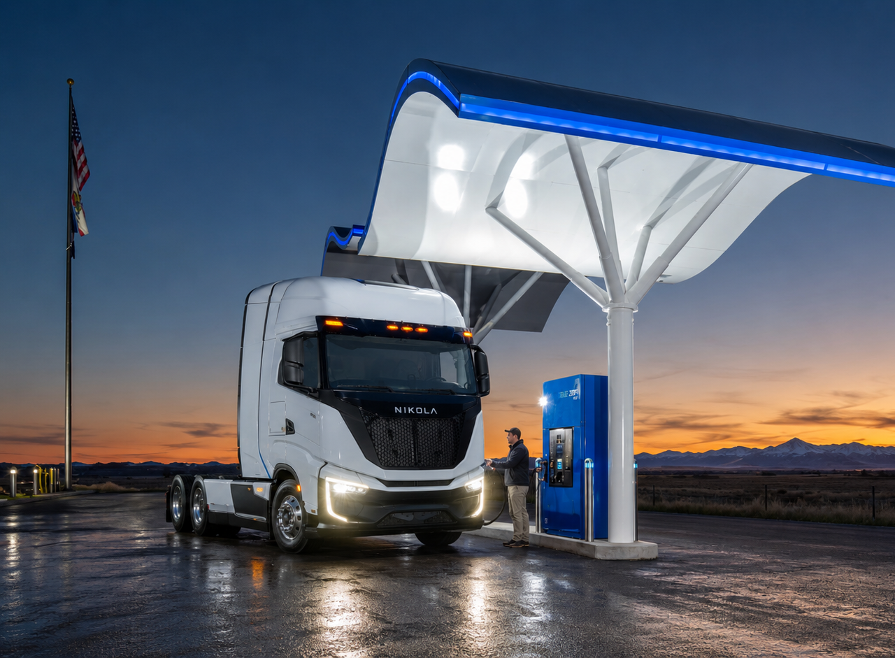 A Nikola hydrogen fuel cell electric truck parked at a fueling station during sunset, with a person standing nearby using a mobile device.