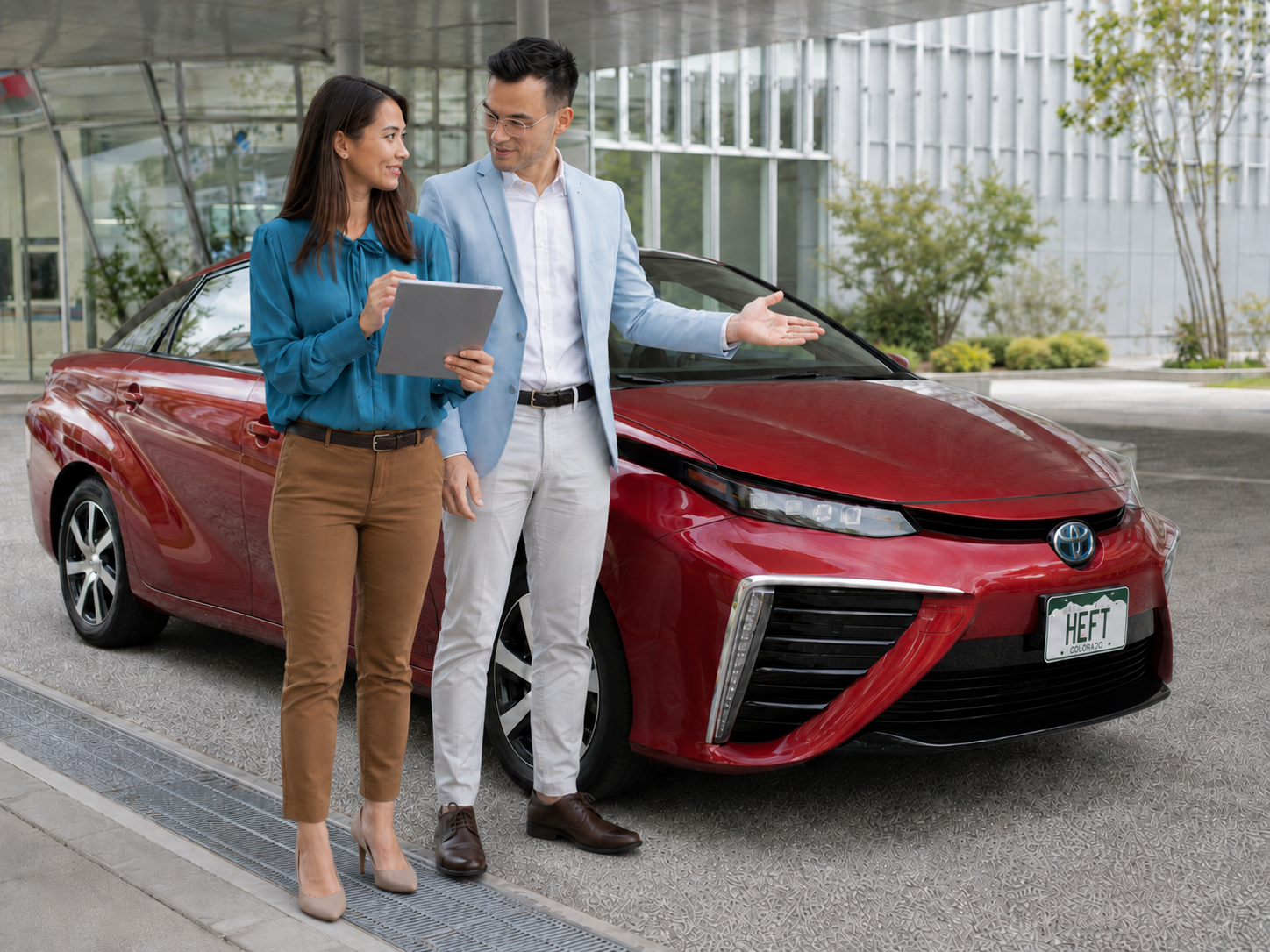 A man and a woman standing next to a red hydrogen Toyota Mirai outside a modern building, discussing with the woman holding a tablet.