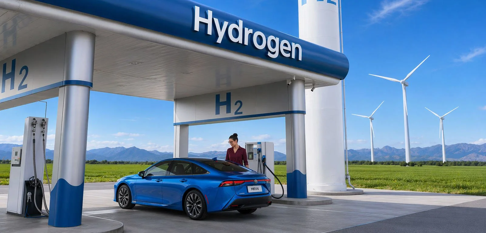 A woman refueling a blue hydrogen fuel cell electric car at a hydrogen fuel station with wind turbines in the background and a clear blue sky.