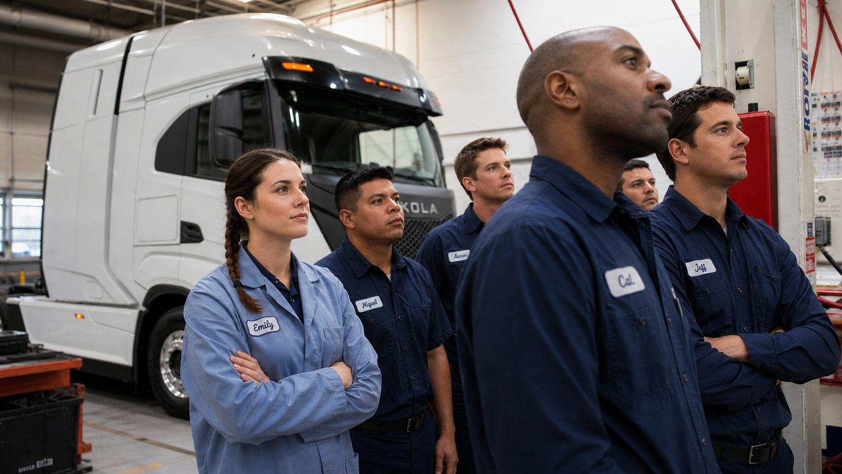 A group of five diverse workers in blue uniforms with name tags, standing with arms crossed and paying attention inside a vehicle service or repair garage with a large white hydrogen semi-truck in the background.