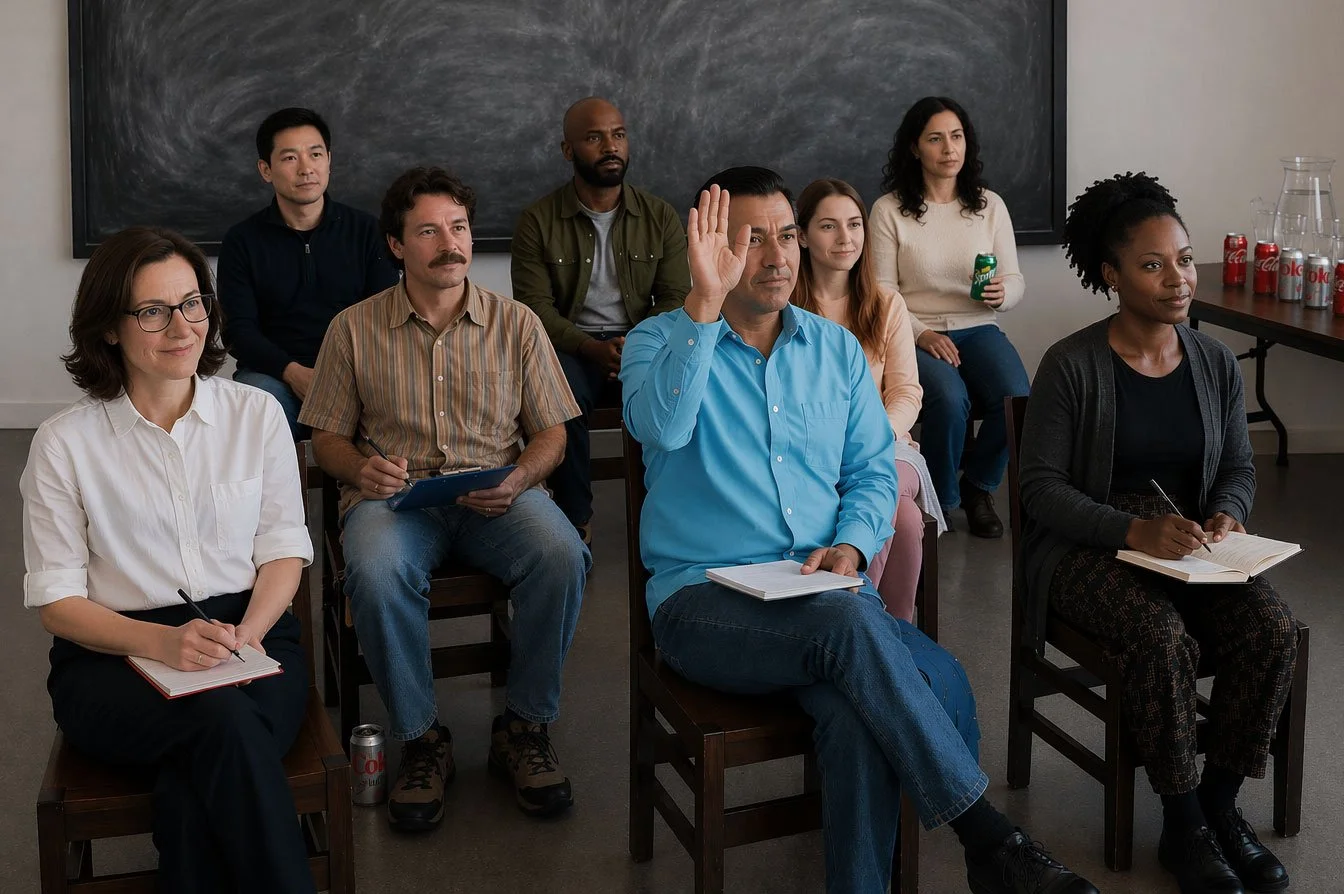 A diverse group of people in a classroom or meeting room, with one man raising his hand.