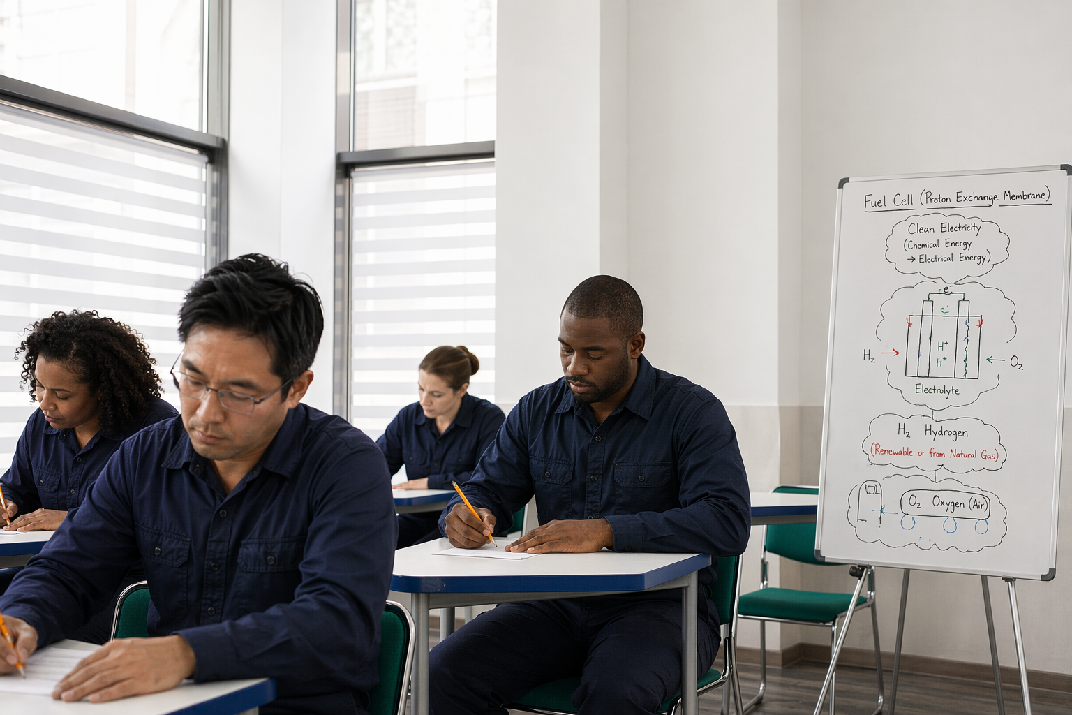People in a classroom taking notes during a science lecture about fuel cells, with a whiteboard explaining hydrogen and oxygen for energy.