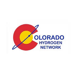 Logo of Colorado Hydrogen Network with a red circle, yellow circle inside, blue orbit, and blue text.