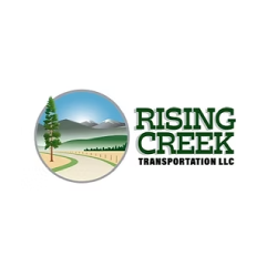 Logo of Rising Creek Transportation LLC featuring a circular image of a landscape with trees, mountains, and a road, alongside the company name in green and black text.