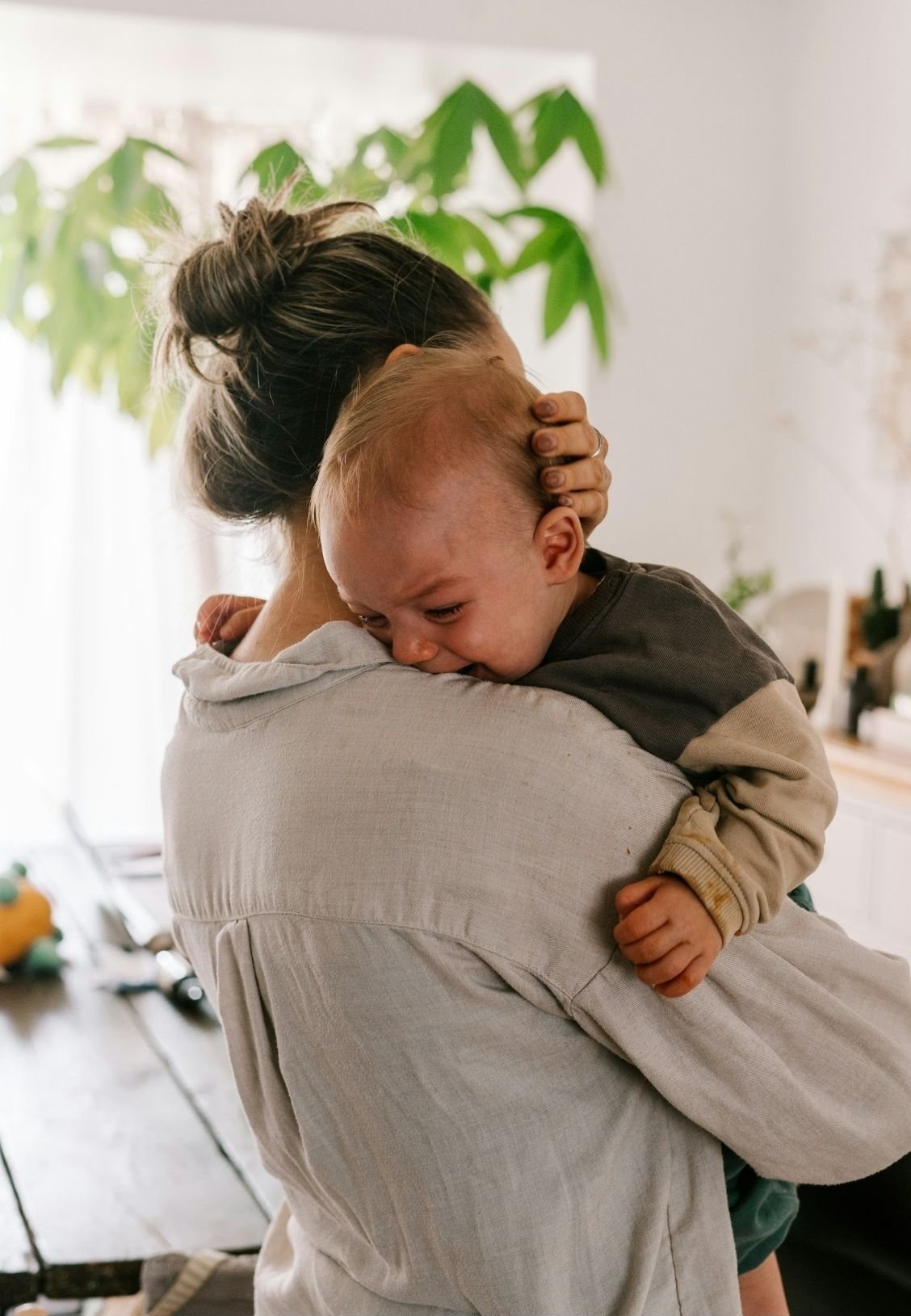A woman is hugging a young boy who appears to be upset or crying, with the woman holding his head and shoulders. The background features a large green plant and a bright, indoor setting.
