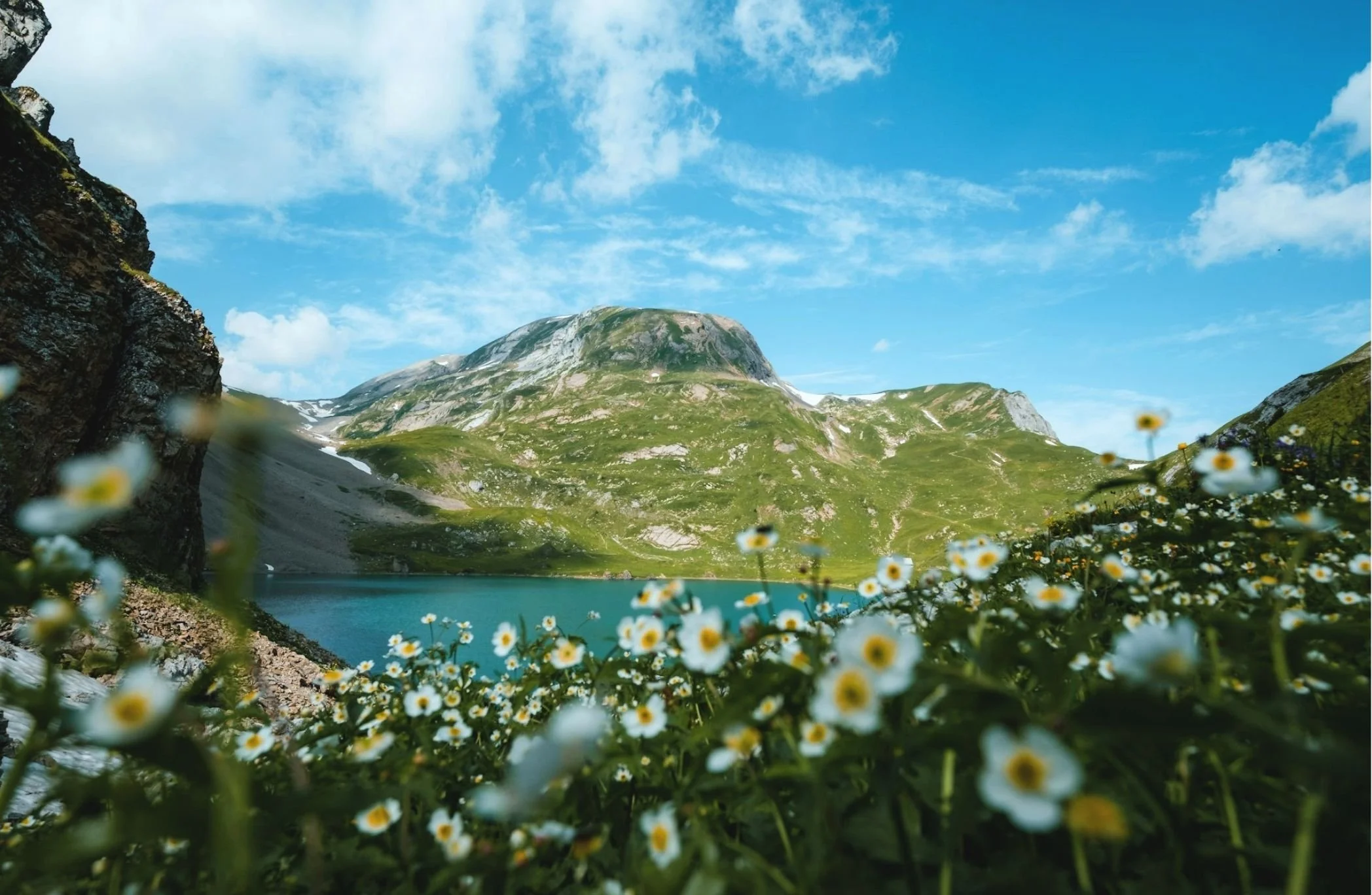 Scenic mountain landscape with green slopes, a calm blue lake, and a bright sky with scattered clouds. White wildflowers in the foreground.
