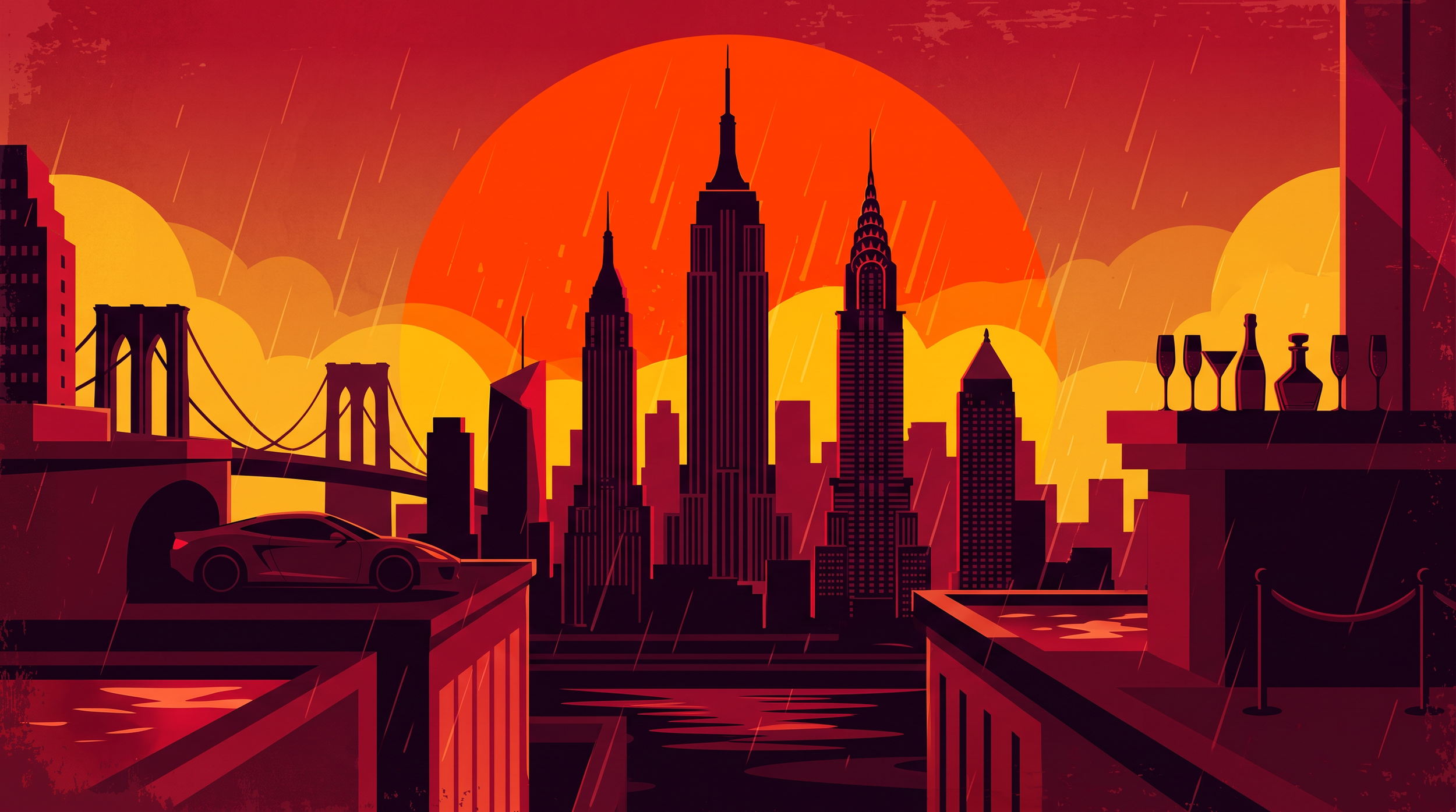Stylized digital illustration of New York City skyline at sunset in warm orange and red tones, with iconic buildings, a bridge on the left, a sports car in the foreground, and bottles and glasses on a terrace on the right, by Elara Ellison