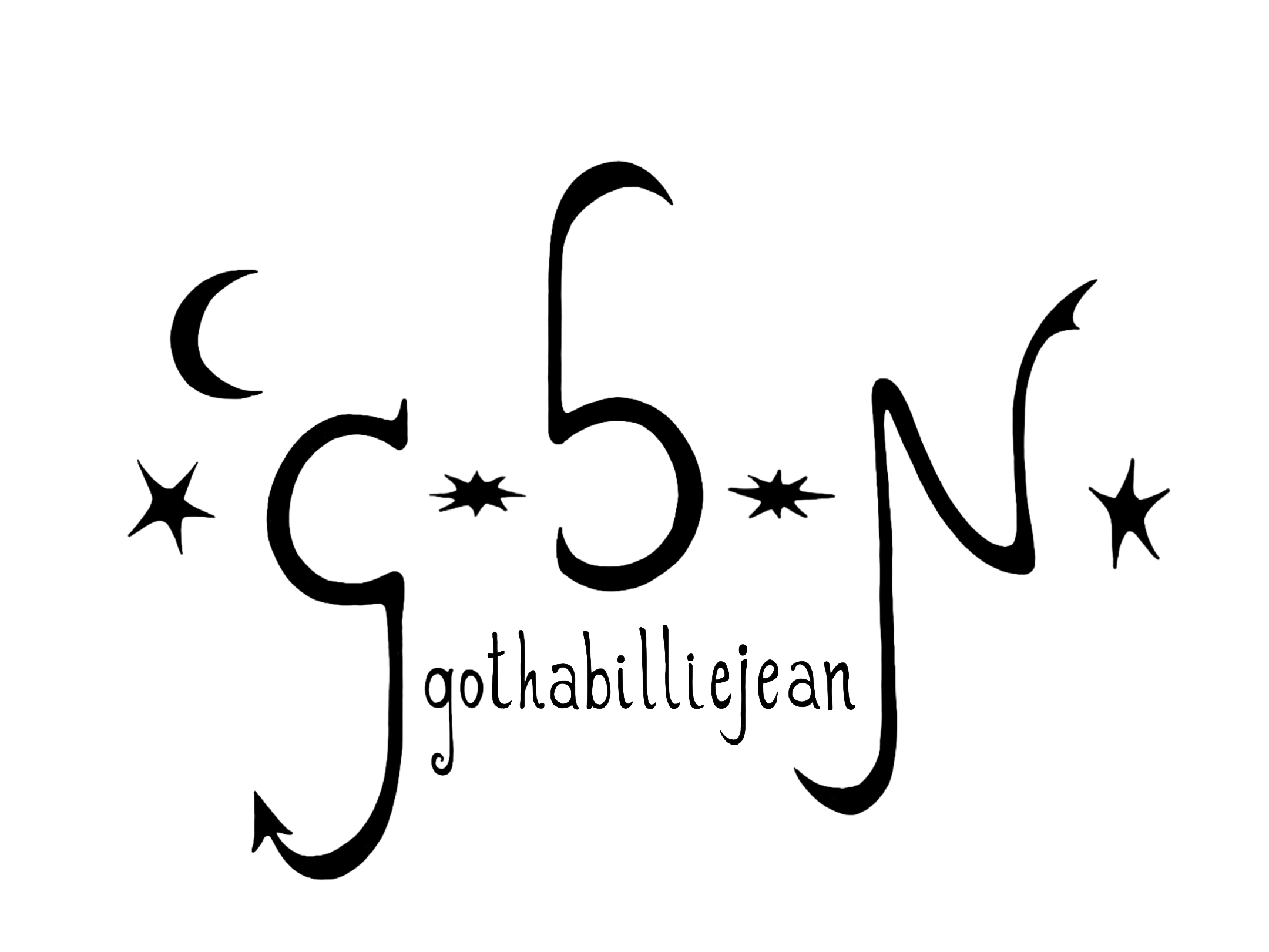 gothabilliejean official logo with initials "g" "b" "j", crescent moons, and stars surrounding it.