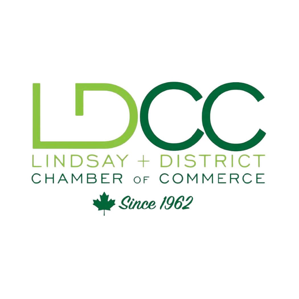 Logo for Lindsay + District Chamber of Commerce featuring green and black text, a maple leaf, and the slogan 'Since 1962'.