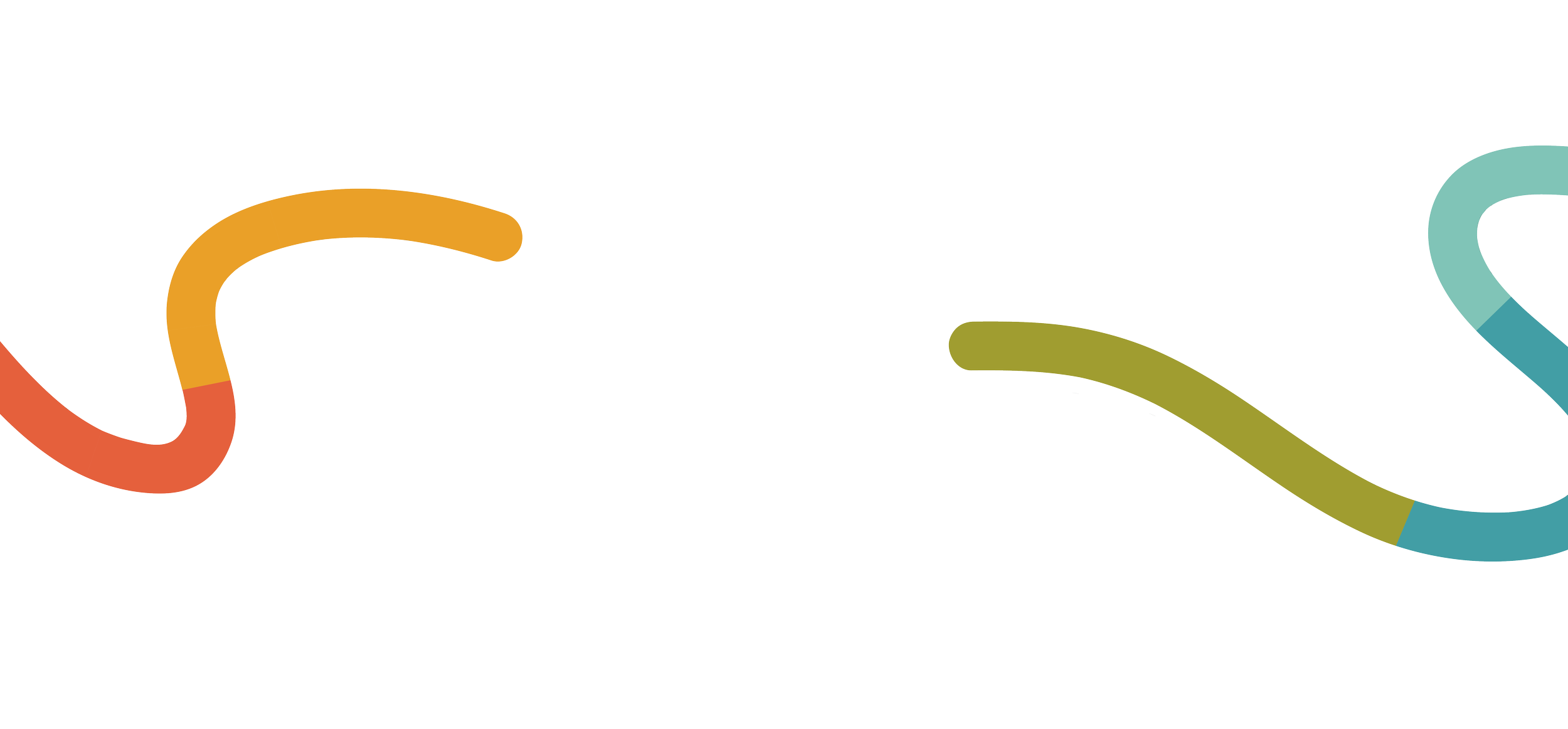 Abstract illustration of a winding multicolored line with loops, in shades of orange, green, and blue, set against a light background.