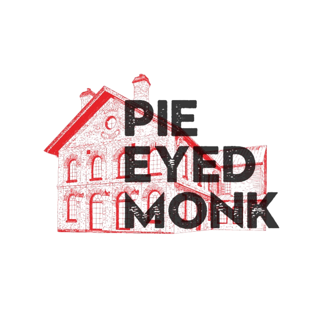Red outline drawing of a house with bold text overlay that says 'PIE EYED MONK'.