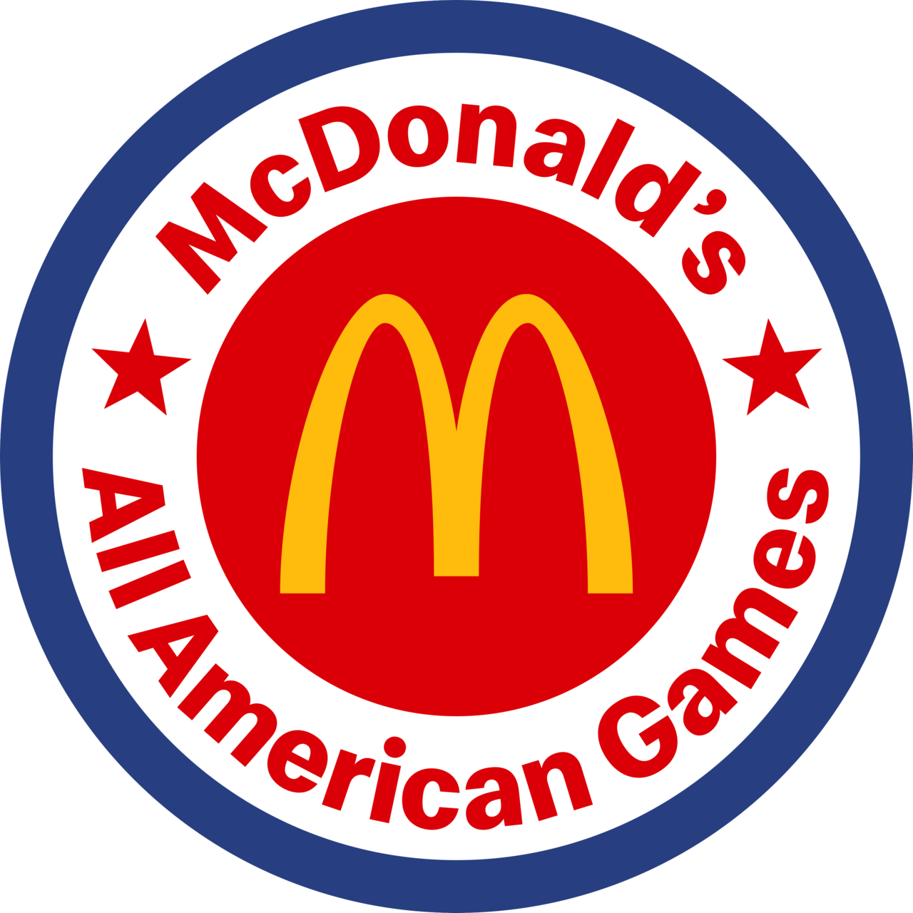 A McDonald's logo with red and white circular design and the yellow McDonald's arches in the center. Surrounding the logo is the text "McDonald's American Gamed" and "AI American Gamed" with red stars on each side.