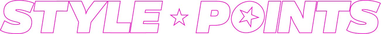 Logo with the text 'STYLE POINTS' in black with pink outlines and star-shaped dots inside the letters.