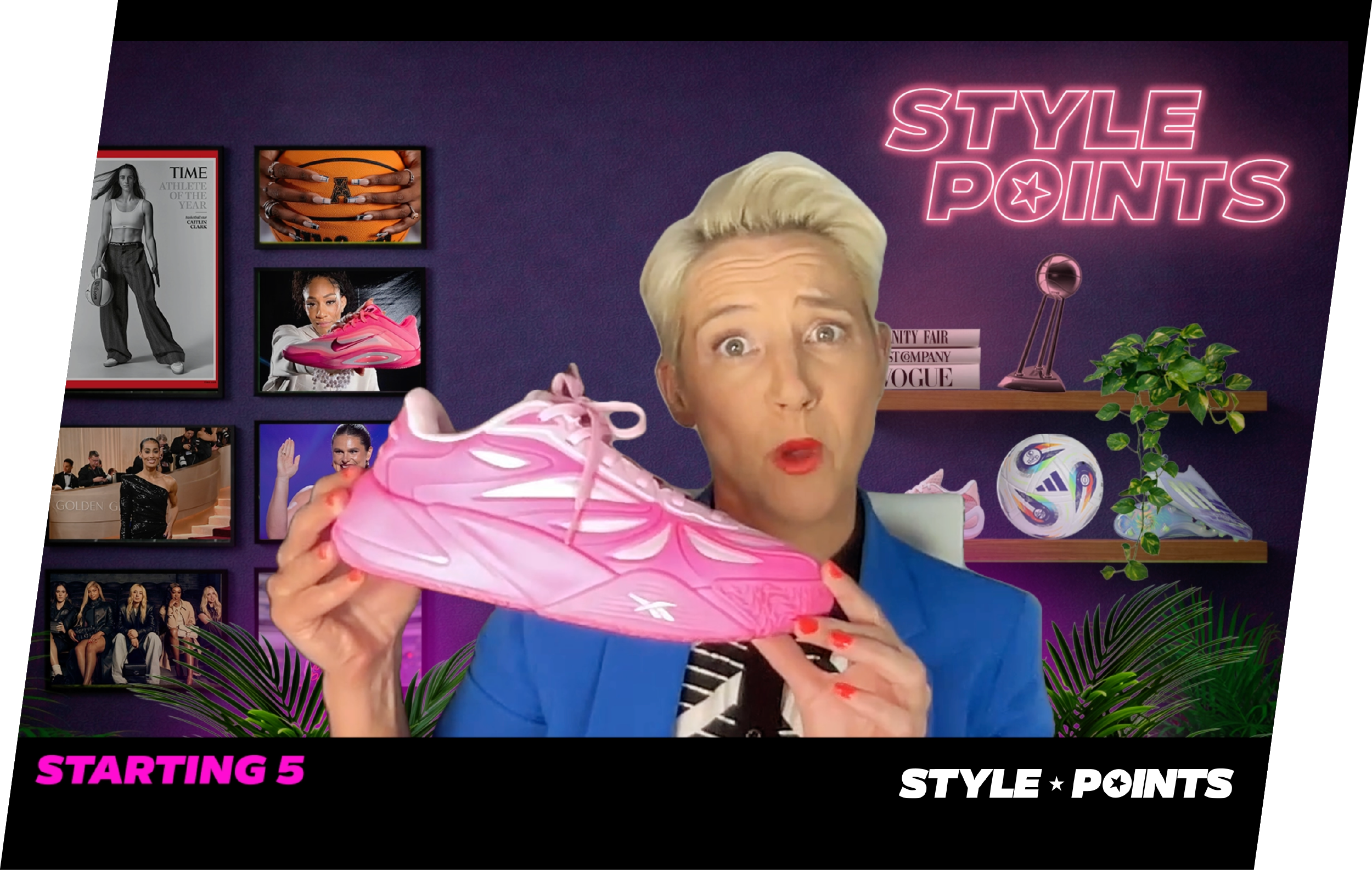 A woman with styled blonde hair and red lipstick holds a pink athletic shoe up close to the camera. Behind her, a wall decorated with framed photographs, books, a pink neon sign reading 'STYLE POINTS,' a desk lamp, a green potted plant, a white adidas soccer ball, and a rhinestone studded shoe. The bottom of the image displays the text 'STARTING 5' in pink and 'STYLE POINTS' in white.