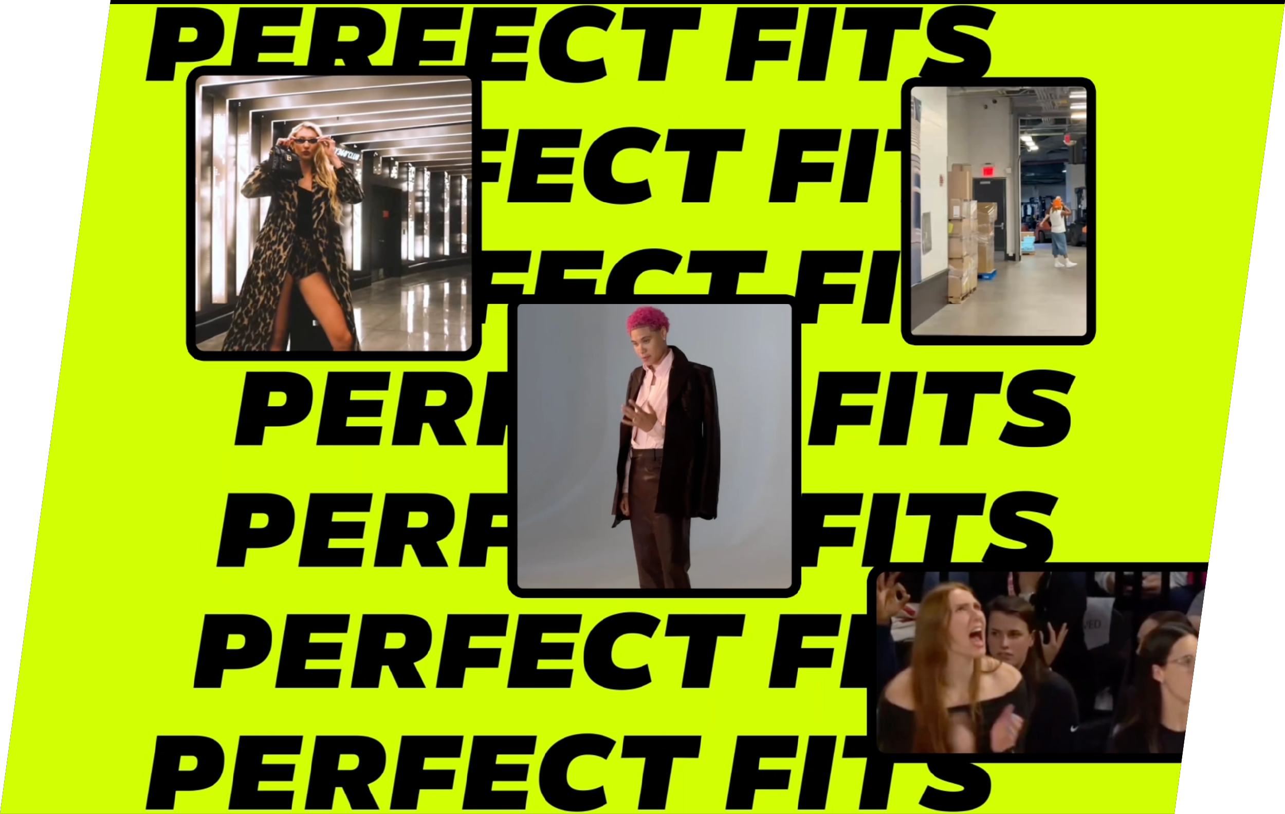 Collage of photos with the word 'PERFECT' repeatedly in bold black letters on a neon yellow background, featuring images of people in various settings.