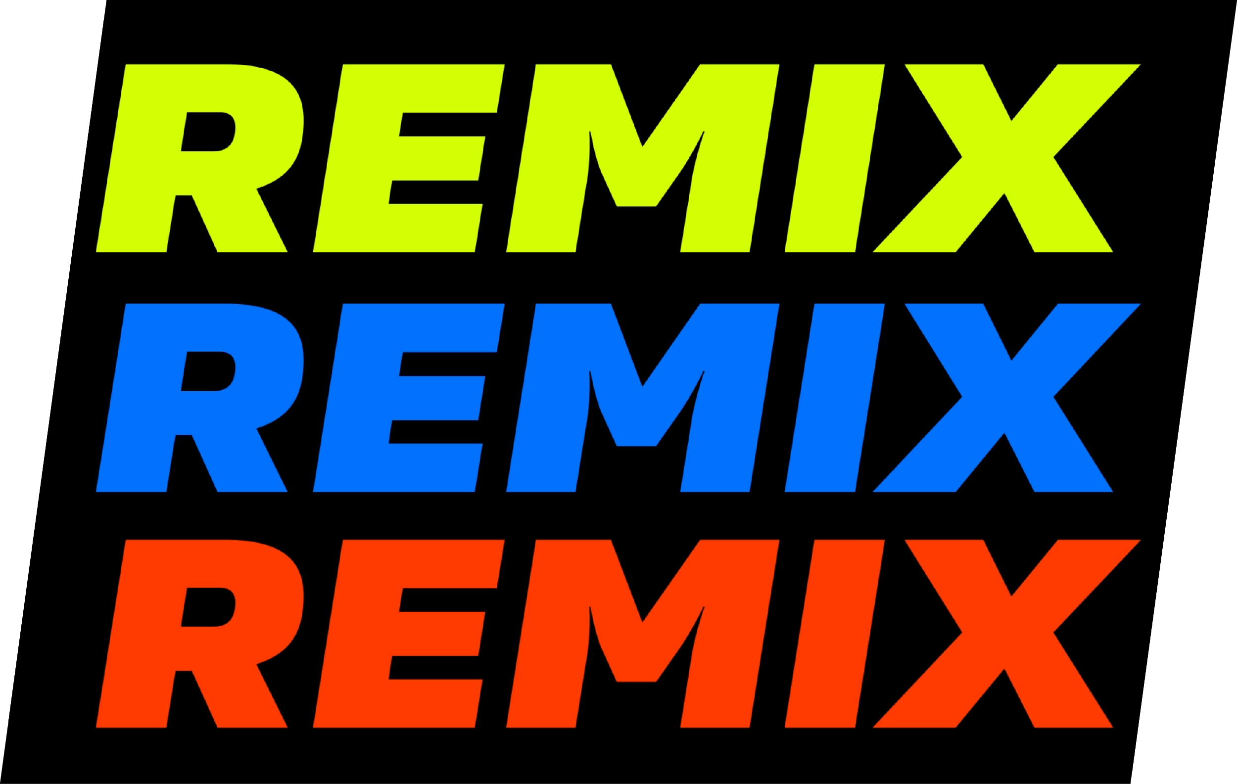 Colorful text displaying the word "REMIX" in bright yellow, blue, and red on a black background.