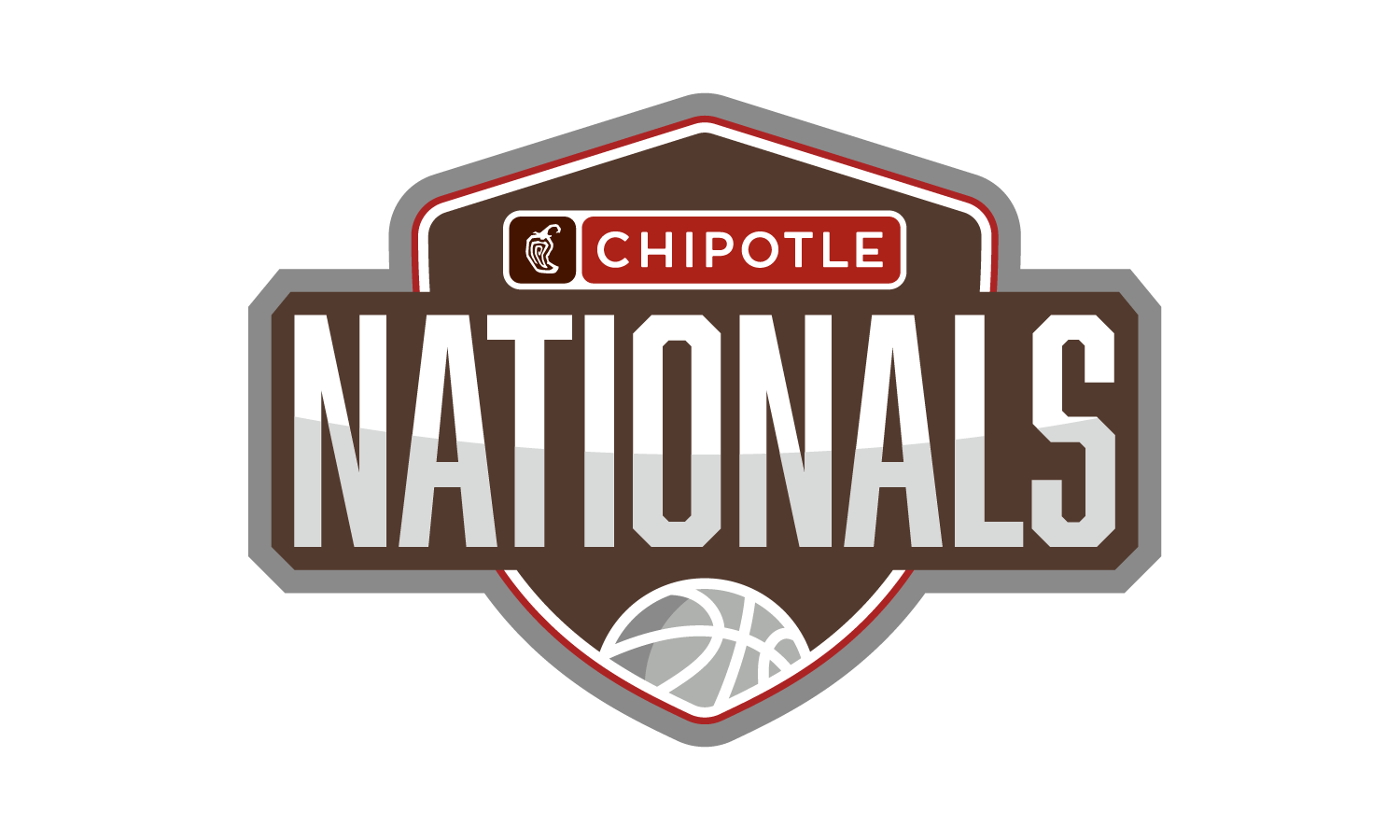 Logo for the Chipotle Nationals basketball event in brown, gray, and white with a basketball image at the bottom.