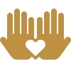 Helping hands icon with heart representing community service, mentorship, generosity, and student support.