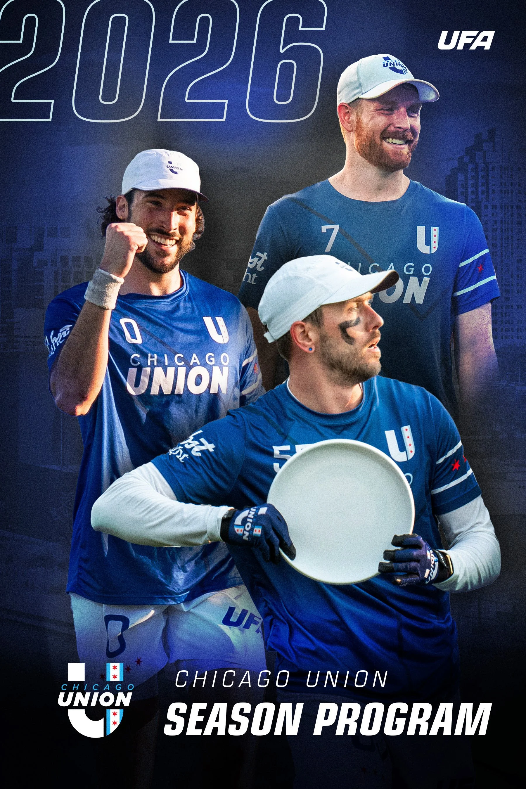 Cover image for the Chicago Union soccer season program showing three soccer players in blue jerseys and white caps with the Chicago Union logo, smiling and celebrating, with the year 2026 and the text 'Season Program' in bold white letters.