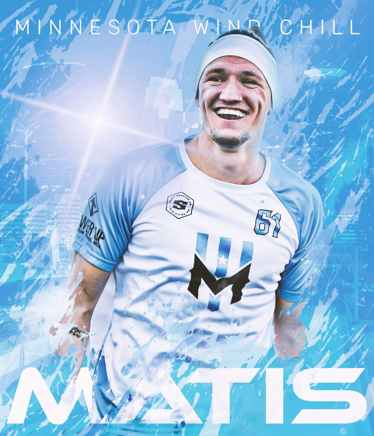 A young man in a light blue and white sports jersey with the number 61 and a logo on the front, smiling outdoors. The background is a stylized blue cityscape with abstract elements and light effects, including the words "MINNESOTA WINDS CHILL" at the top.