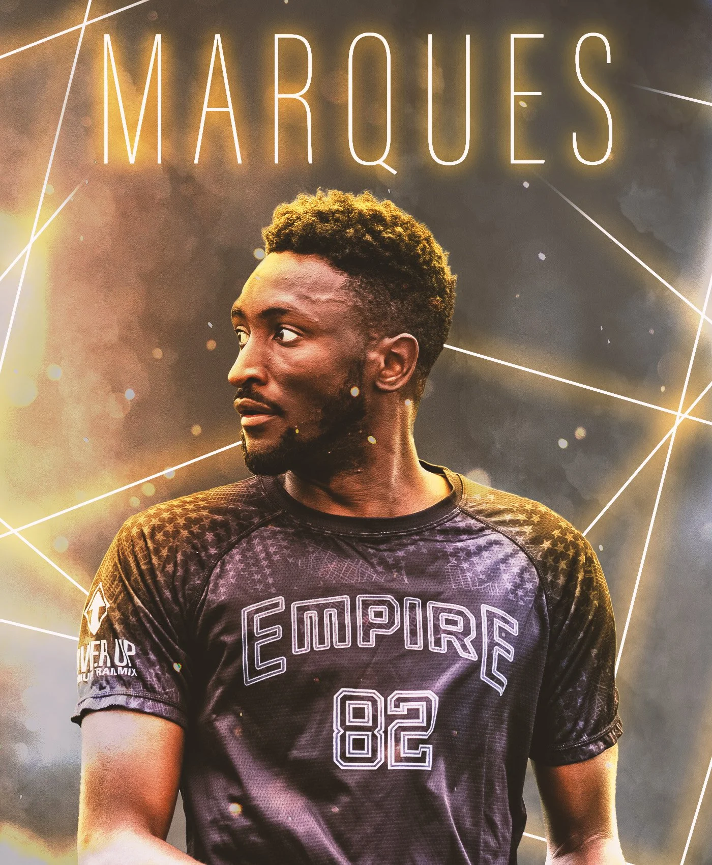 A young man with short curly hair and a beard, wearing a dark sports jersey with the word 'EMPIRE' on it, looking to his left against a background with bright lights and geometric lines.