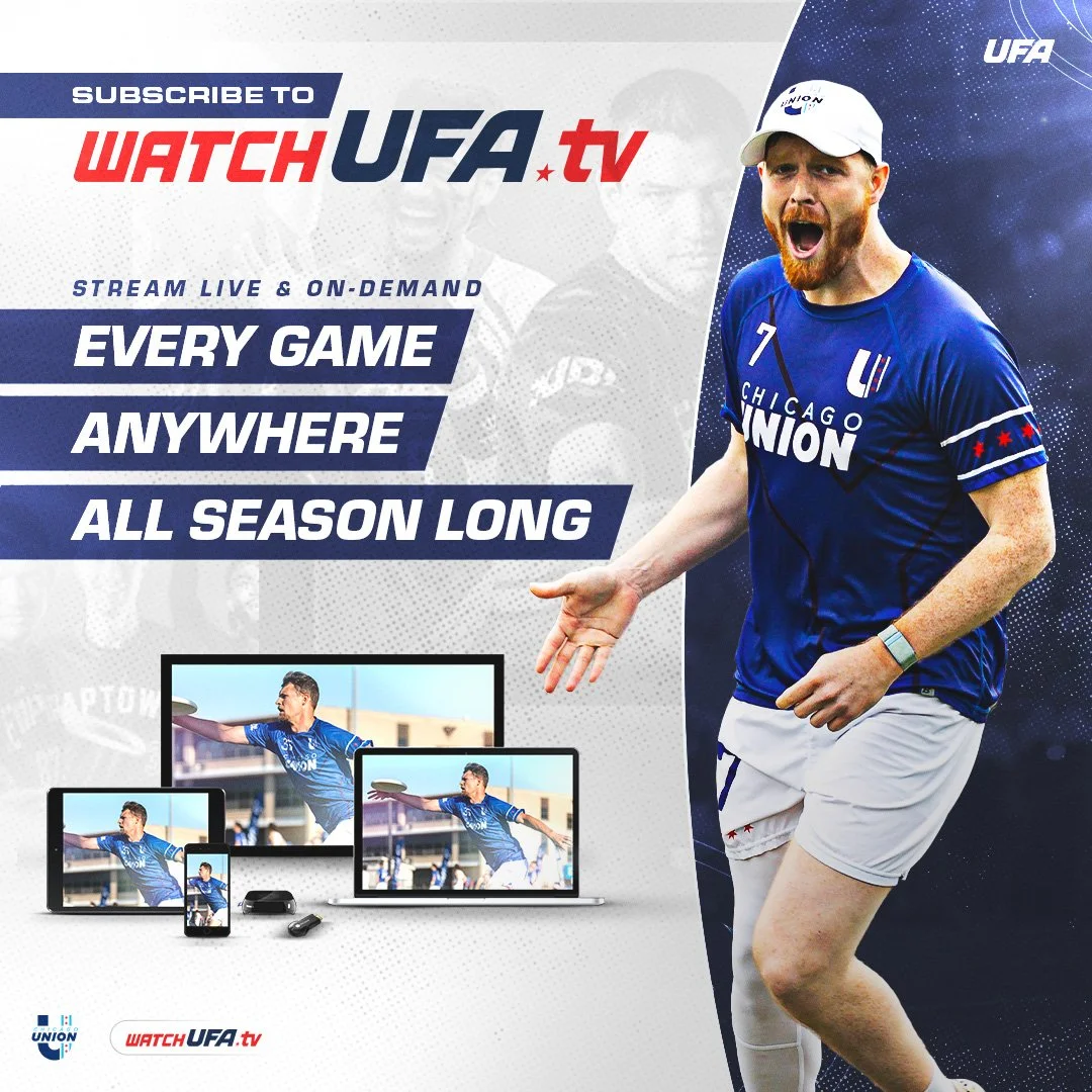 Promotional graphic for WatchUFA.tv, a streaming service for Chicago Union soccer matches, featuring a player in a blue uniform celebrating, with various devices showing the match and text highlighting live and on-demand viewing.