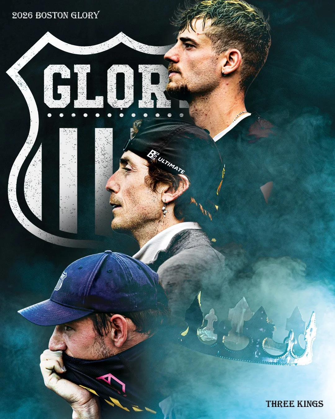 A poster featuring three individuals with the text '2026 Boston Glory' and 'Three Kings.' The top person has short, styled hair, a beard, and an earring, looking to the right. The middle person has curly hair, a headband, and earrings, looking to the left. The bottom person is wearing a baseball cap and is in a contemplative pose, holding a face covering. A large shield-shaped emblem with the word 'Glory' is in the background.