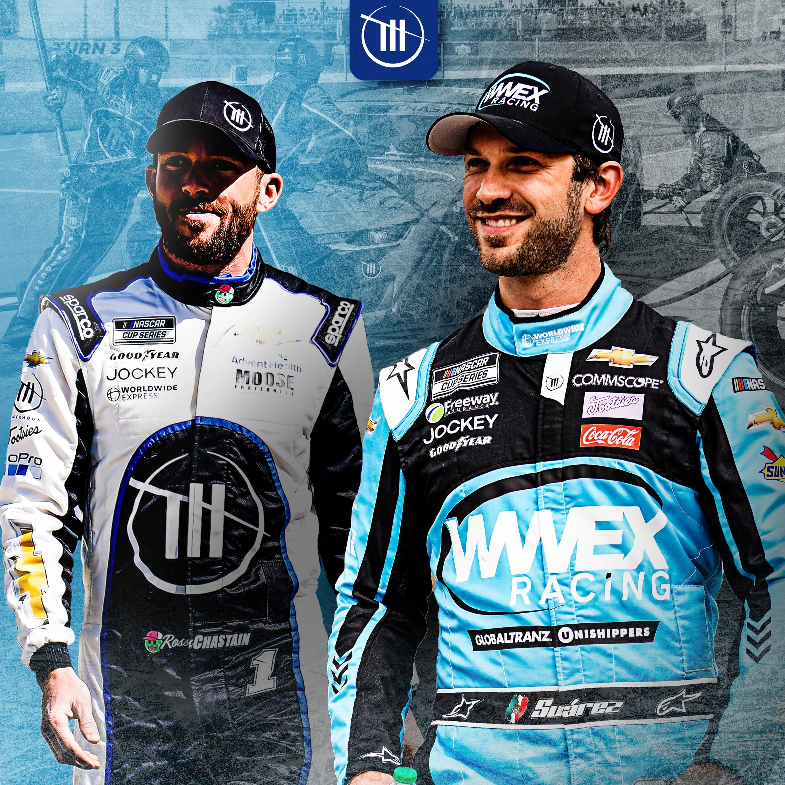 Two race car drivers in racing suits and caps standing side by side, smiling, with racing helmets, logos, and sponsors visible on their suits.