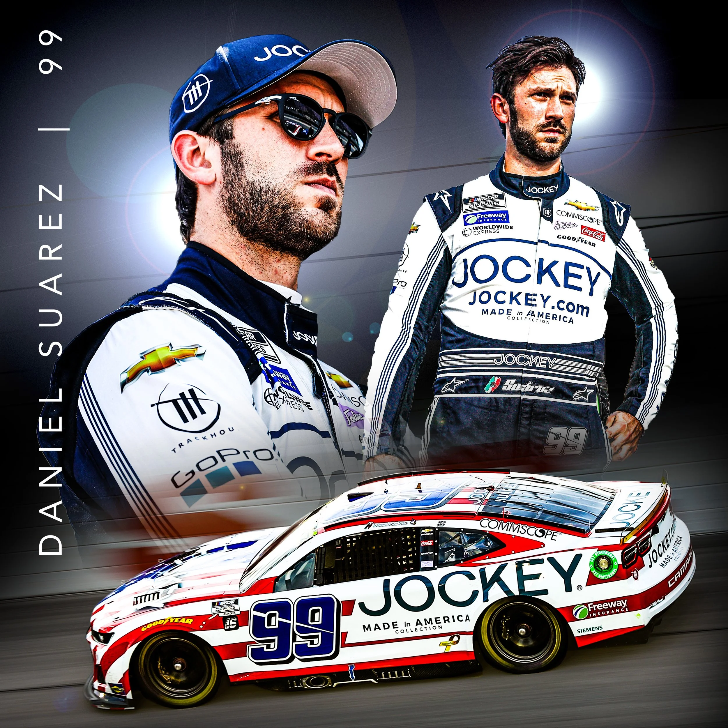 Race car with Jockey and Chevrolet logos, driven by a race car driver in racing suit, speeding on track with two men in caps and sunglasses in the background.