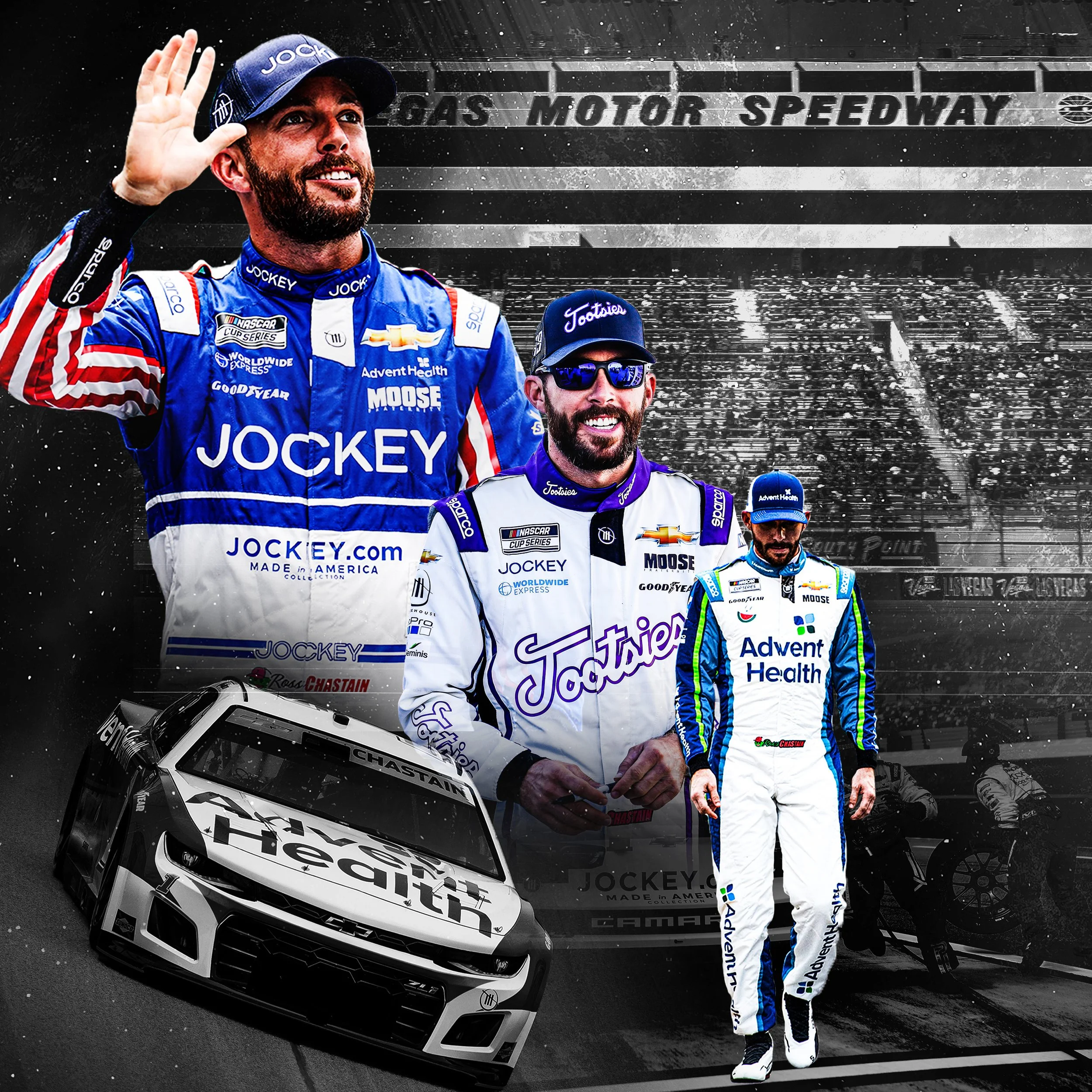 Three race car drivers in racing suits and caps standing on a racetrack, with a race car and a grandstand in the background.