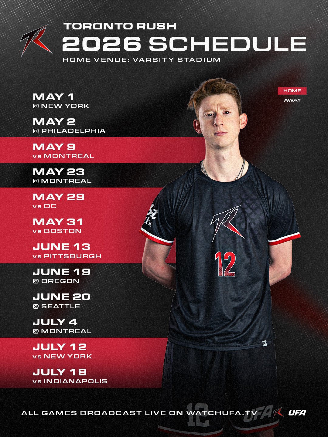 Toronto Rush 2026 schedule poster featuring a young male player in a black team jersey with red and white details, and the team's logo. The schedule lists game dates, opponents, and locations, with some games highlighted in red. The poster states all games are broadcast live on WatchUFA.tv.