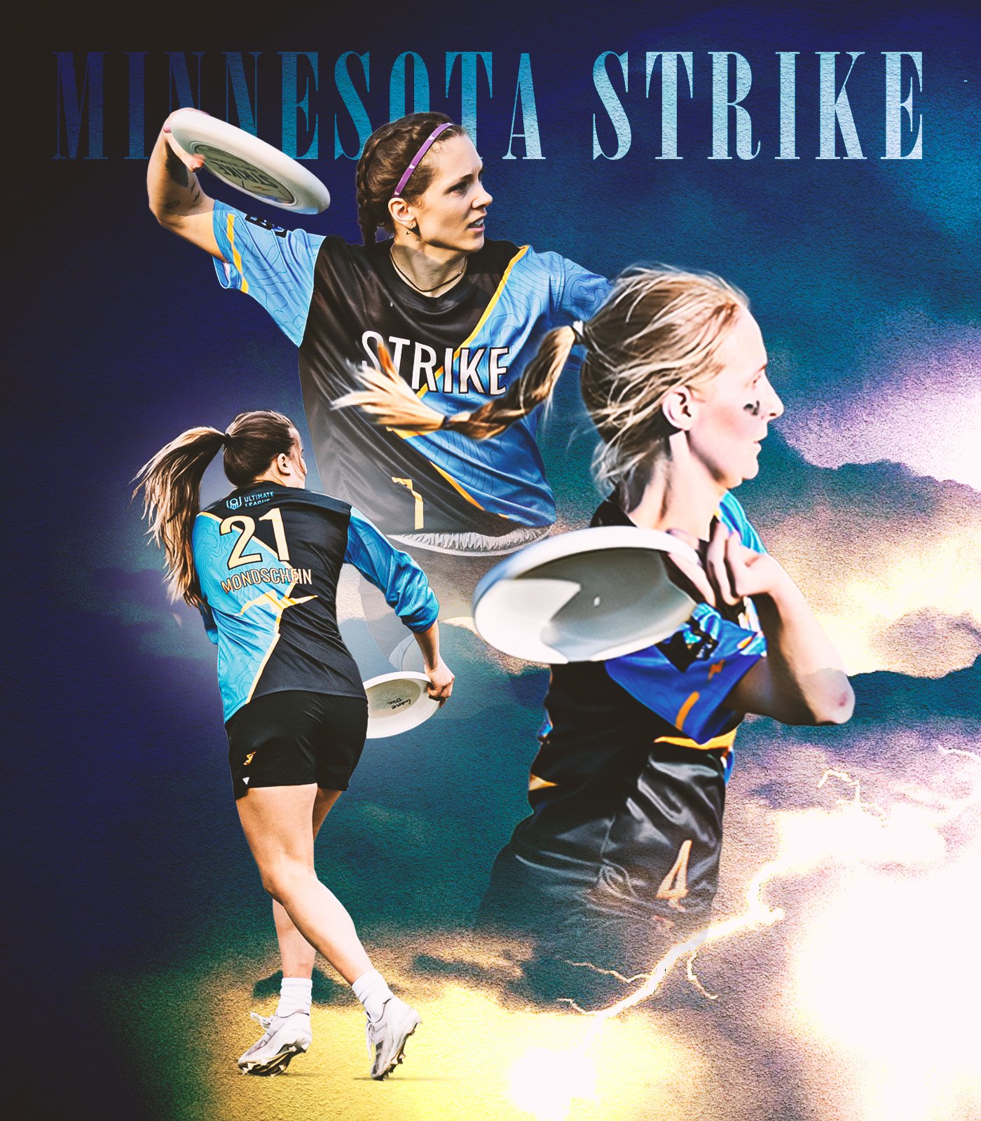 A poster for a women's ultimate frisbee team called Minnesota Strike. Features women in blue and black jerseys holding frisbees, with a background of lightning and storm clouds.