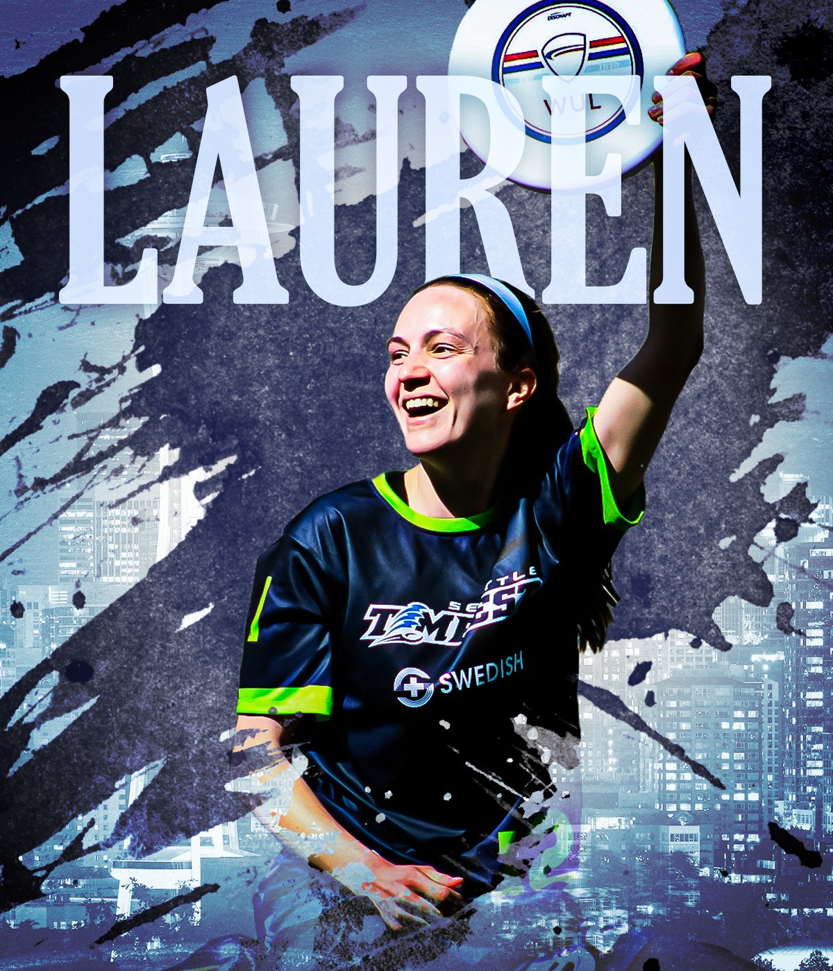 Female athlete smiling, wearing a black and neon green sports jersey, raising a volleyball, with a cityscape and abstract designs in the background, and the word 'LAUREN' overlayed.