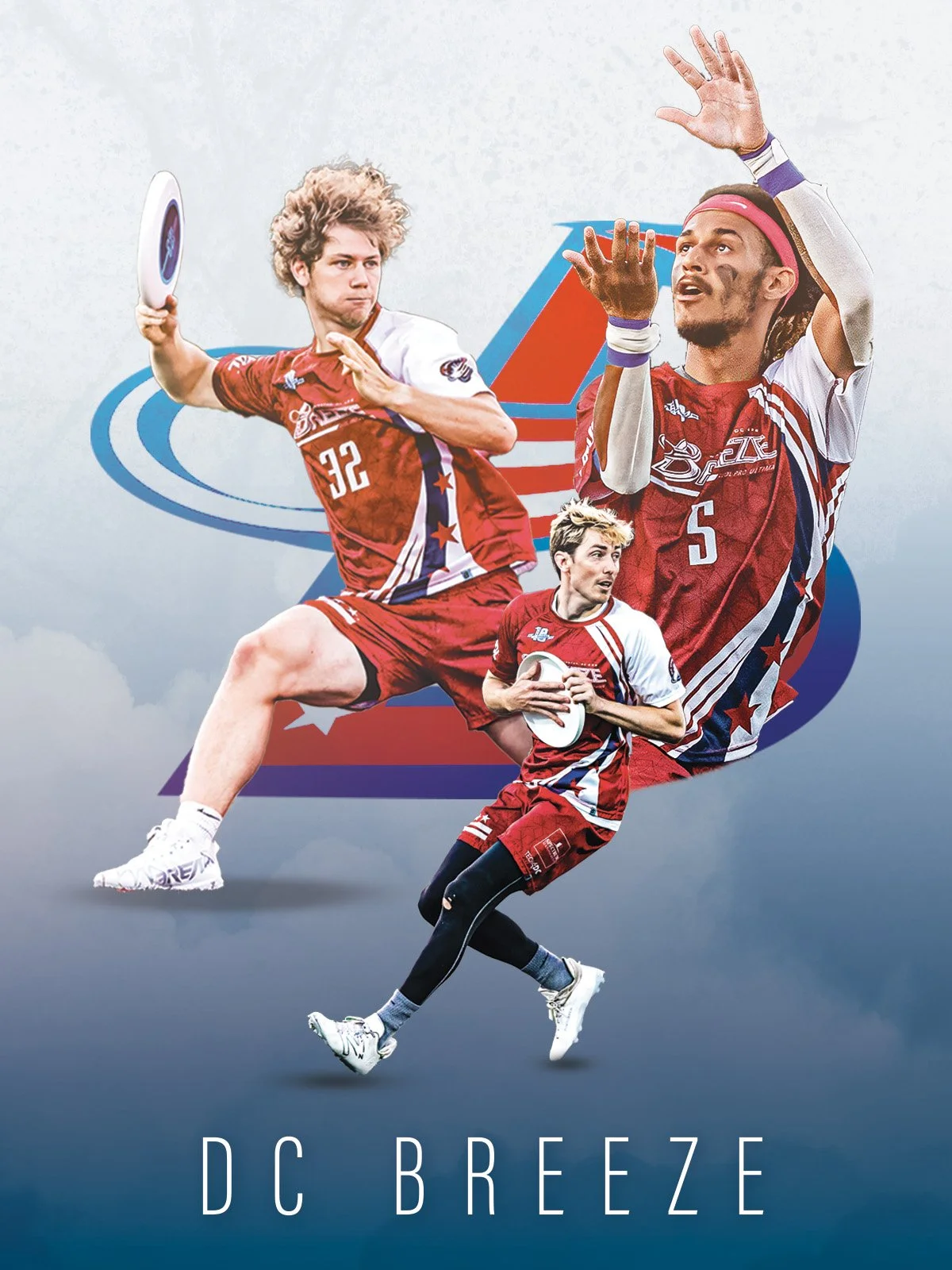 Multiple images of a male athlete in red and white sports uniform in various athletic poses, set against a background with clouds, a star, and swoosh design, with the name 'DC Breeze' at the bottom.
