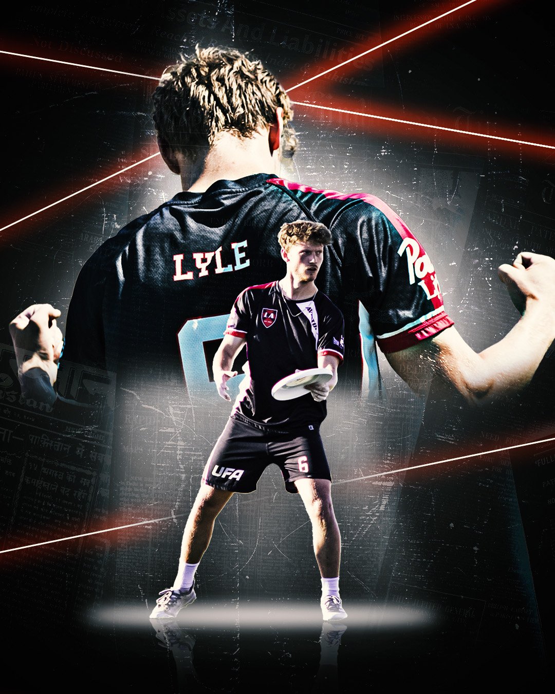 Composite digital artwork featuring a young male athlete in a black sports uniform holding a frisbee, with enlarged images of him from behind and facing forward, set against a dynamic, tech-inspired background with abstract lines and text.