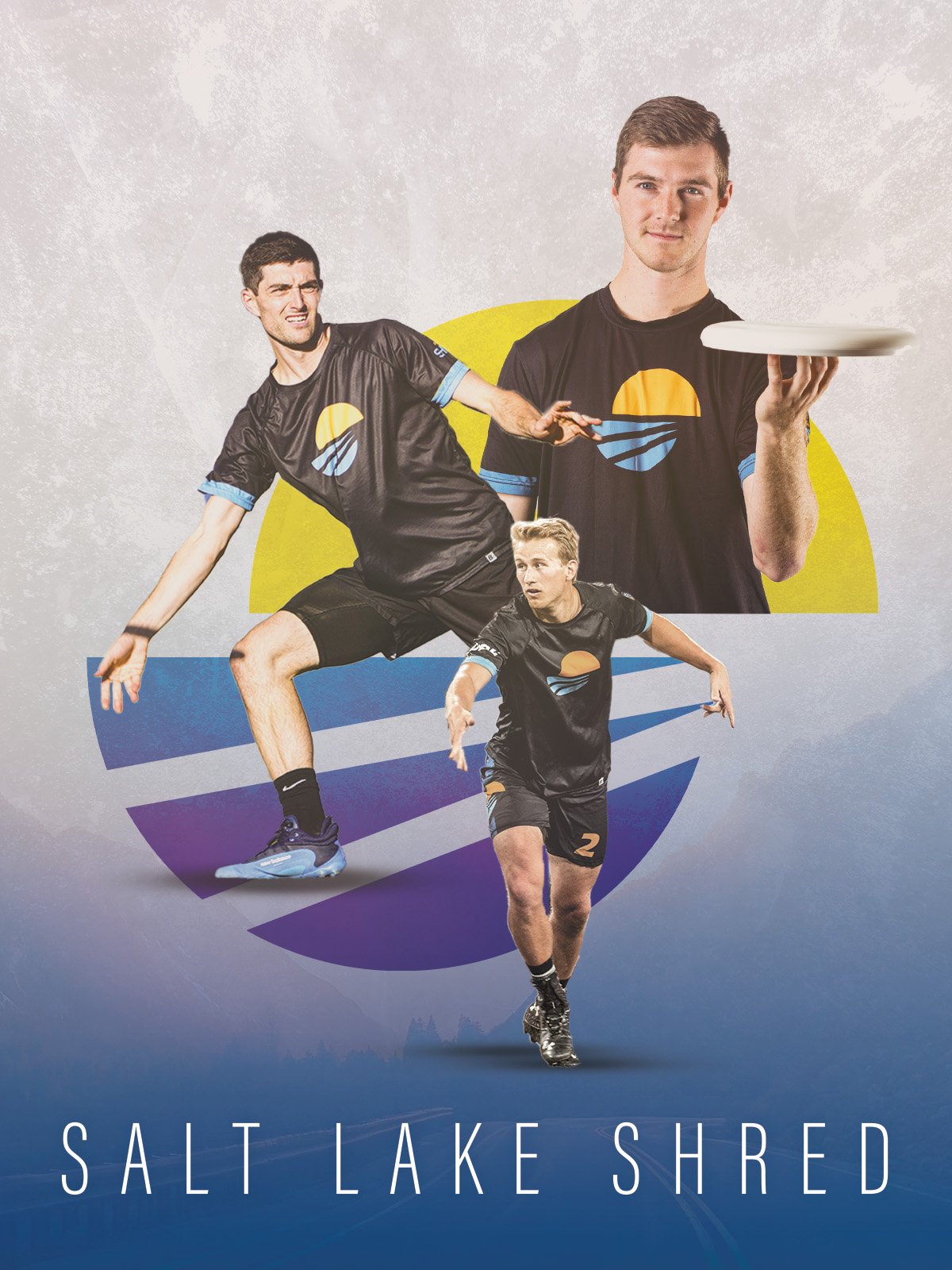 Promotional poster for the movie Salt Lake Shred featuring three male athletes in black sports uniforms with a logo, performing various action poses with a background of a circle with mountain and sky symbols and the film's title at the bottom.