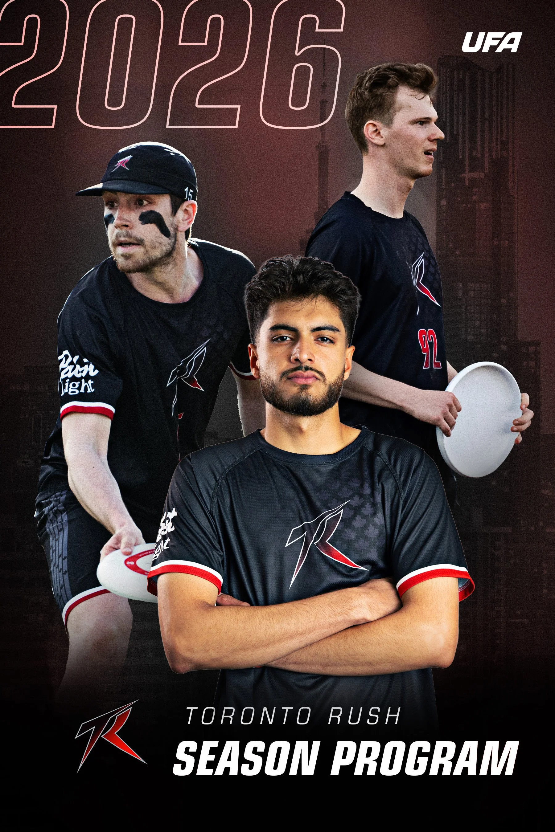 Toronto Rush Season Program 2026 poster featuring three male players in black uniforms with the team logo. The background shows a city skyline, and the text highlights the 2026 season.