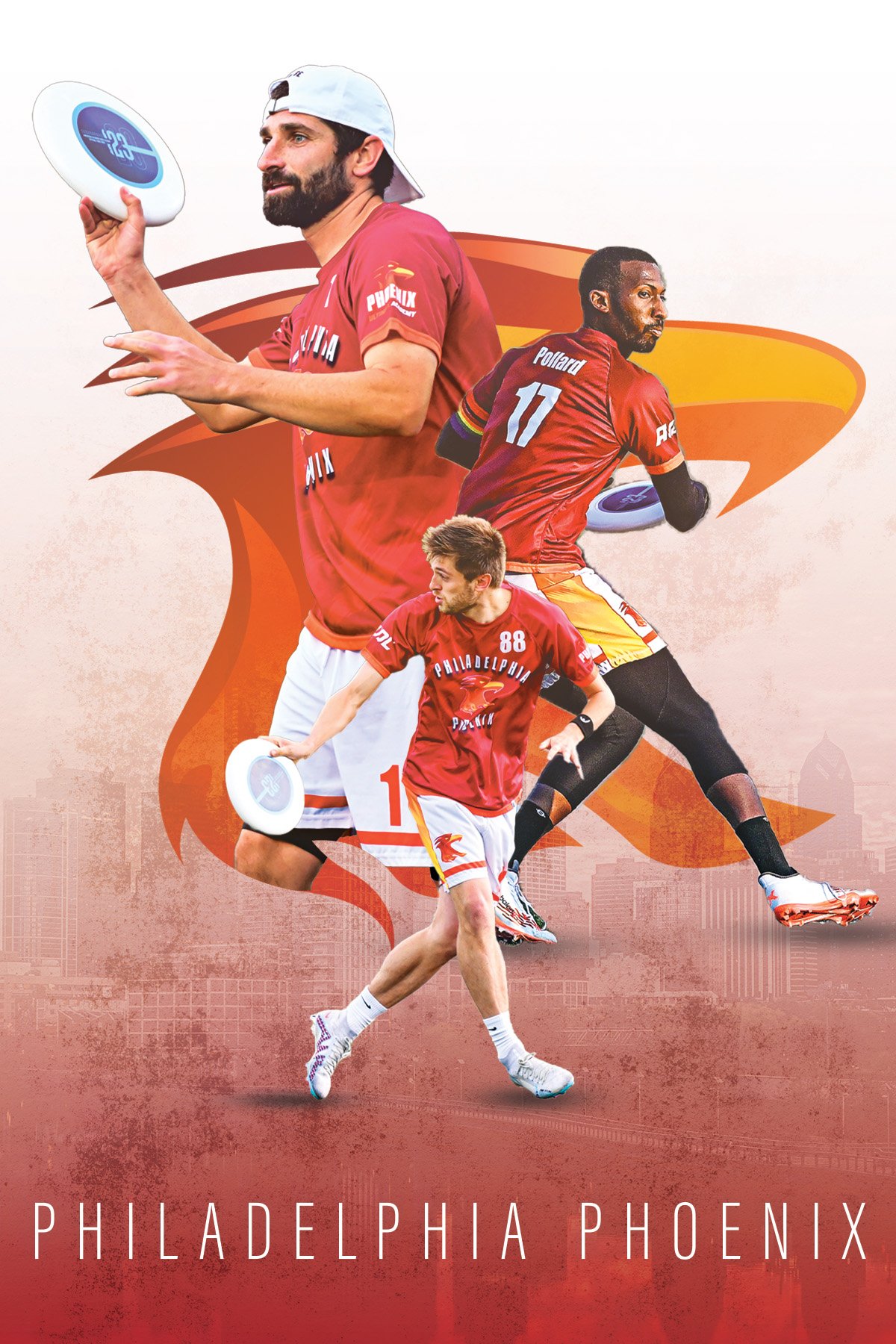 Collage of four players from the Philadelphia Phoenix esports team, wearing red jerseys, with the team logo, holding frisbees, and a city skyline background. Team name displayed at the bottom.