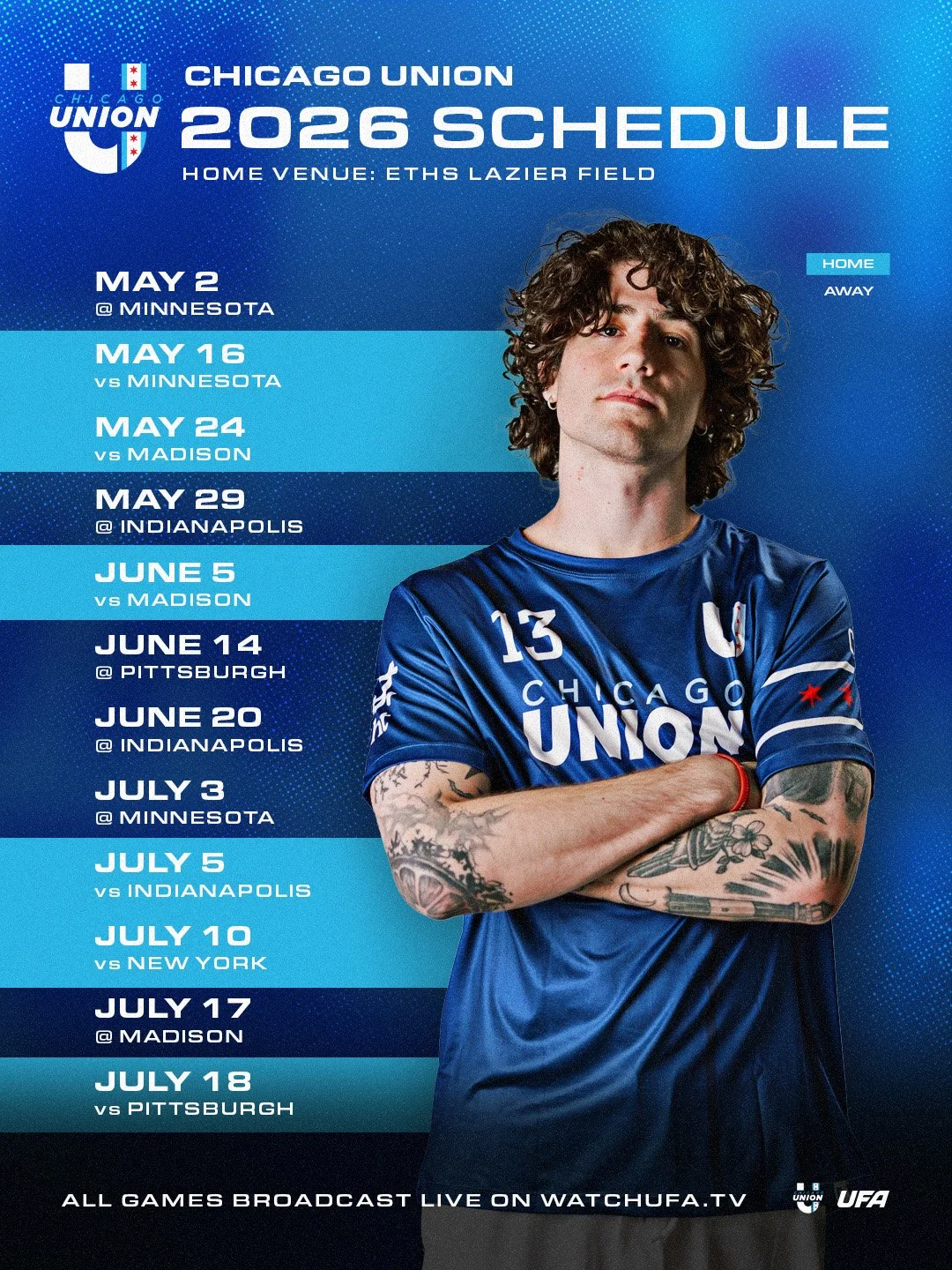 Chicago Union 2026 soccer schedule with dates and opponents, featuring a young man with curly hair and tattoos wearing a blue Chicago Union jersey, standing with arms crossed.
